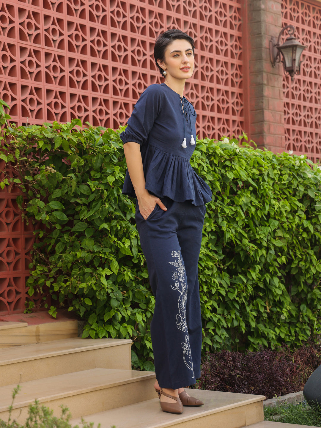 Blue Round Neck Pure Cotton Top Solid Co-ords Set for Women