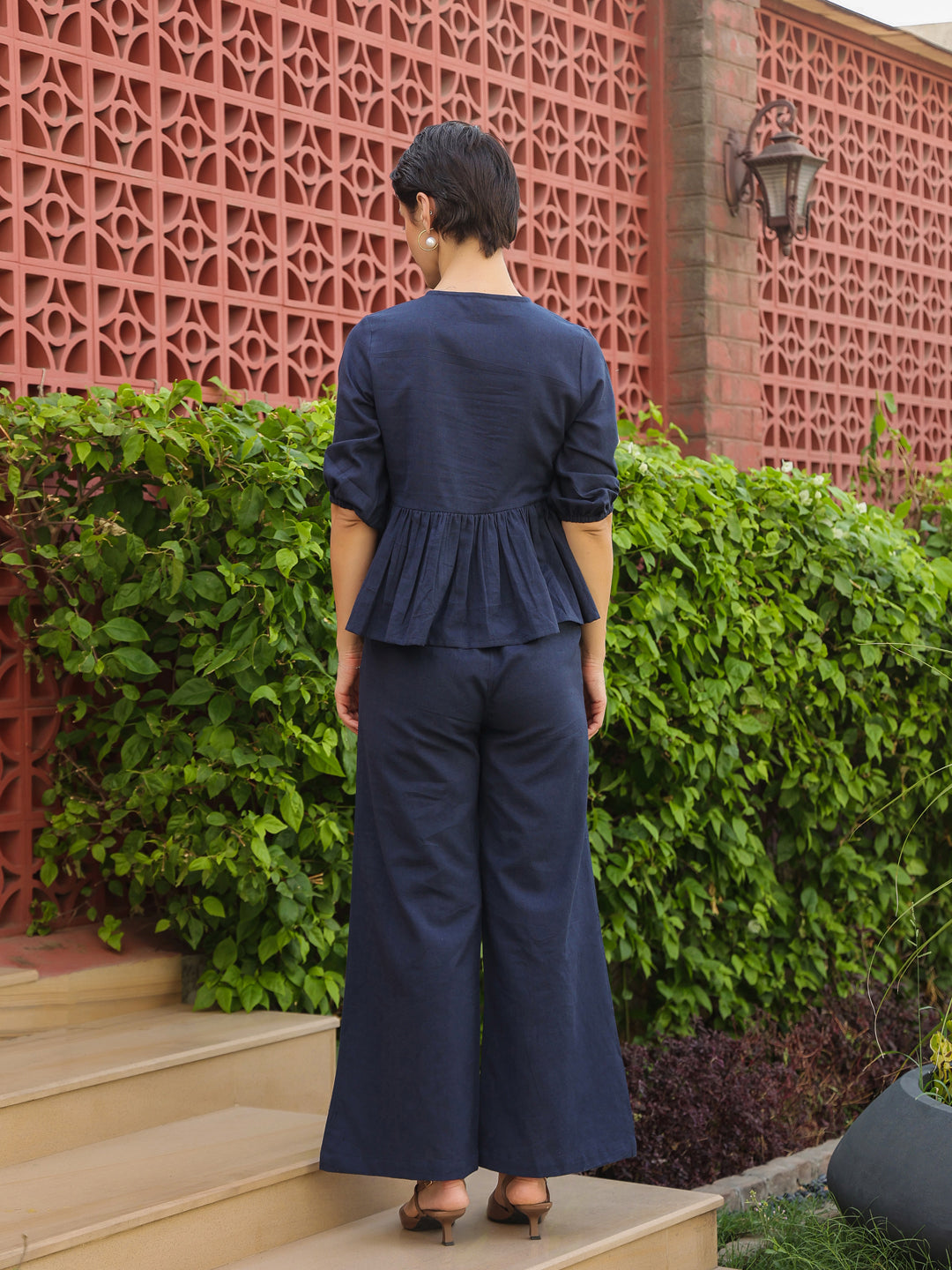 Blue Round Neck Pure Cotton Top Solid Co-ords Set for Women