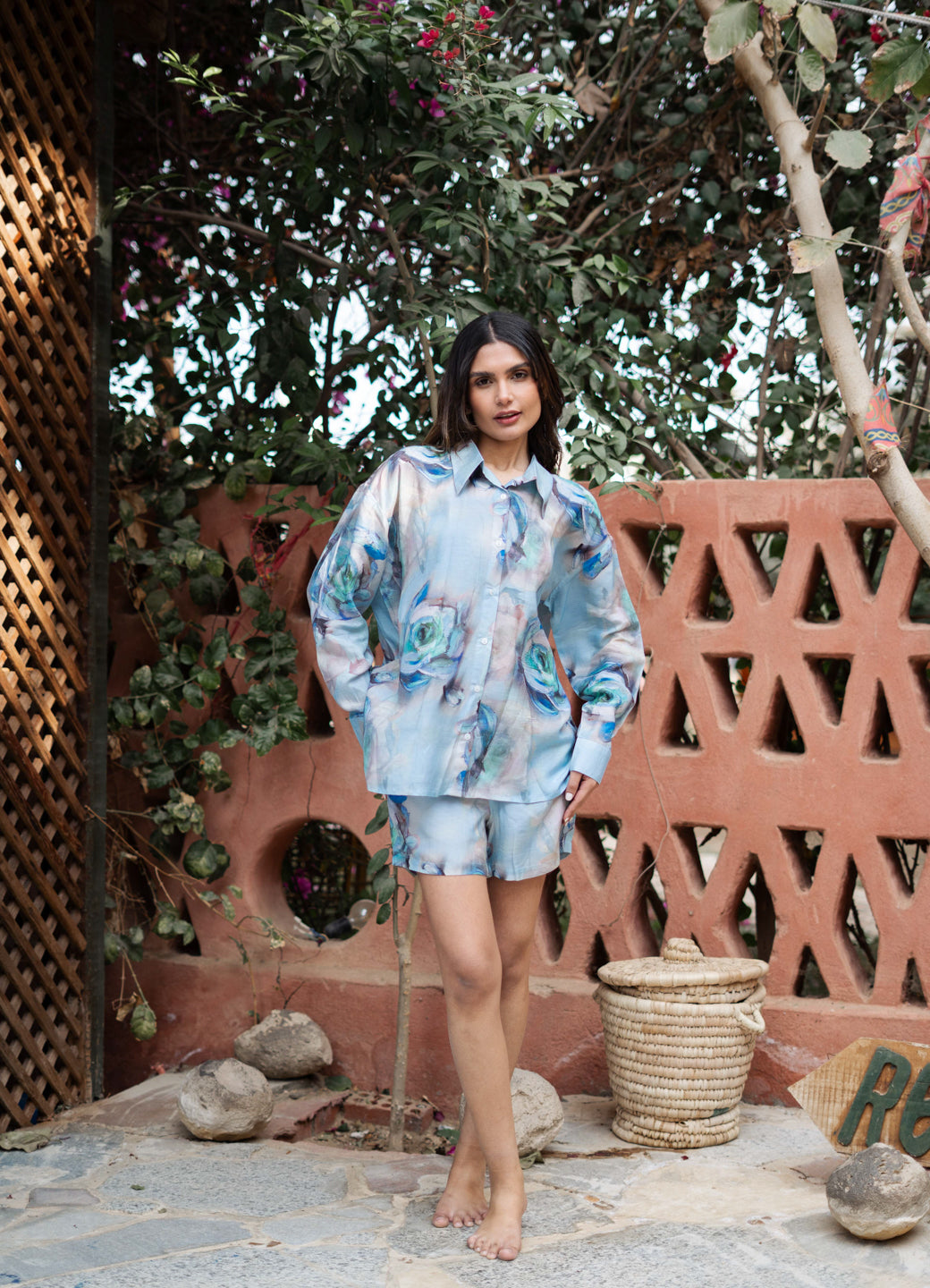 Blue Shirt Collar Viscose Rayon Printed Co-ords Set