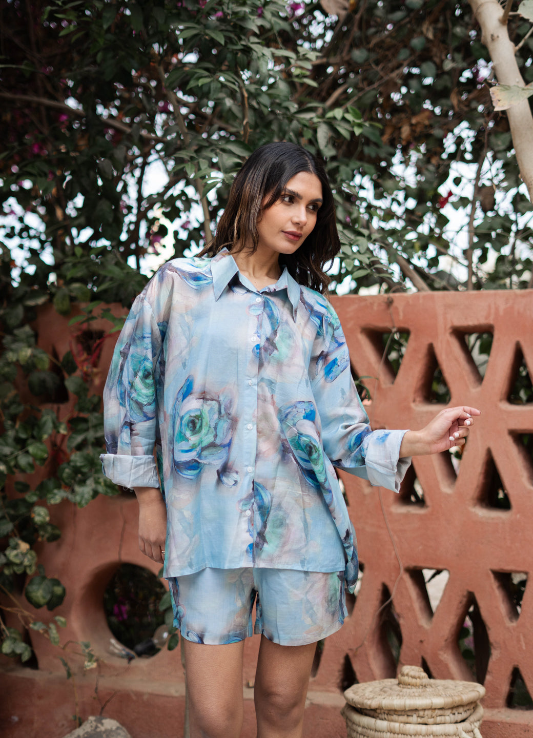 Blue Shirt Collar Viscose Rayon Printed Co-ords Set