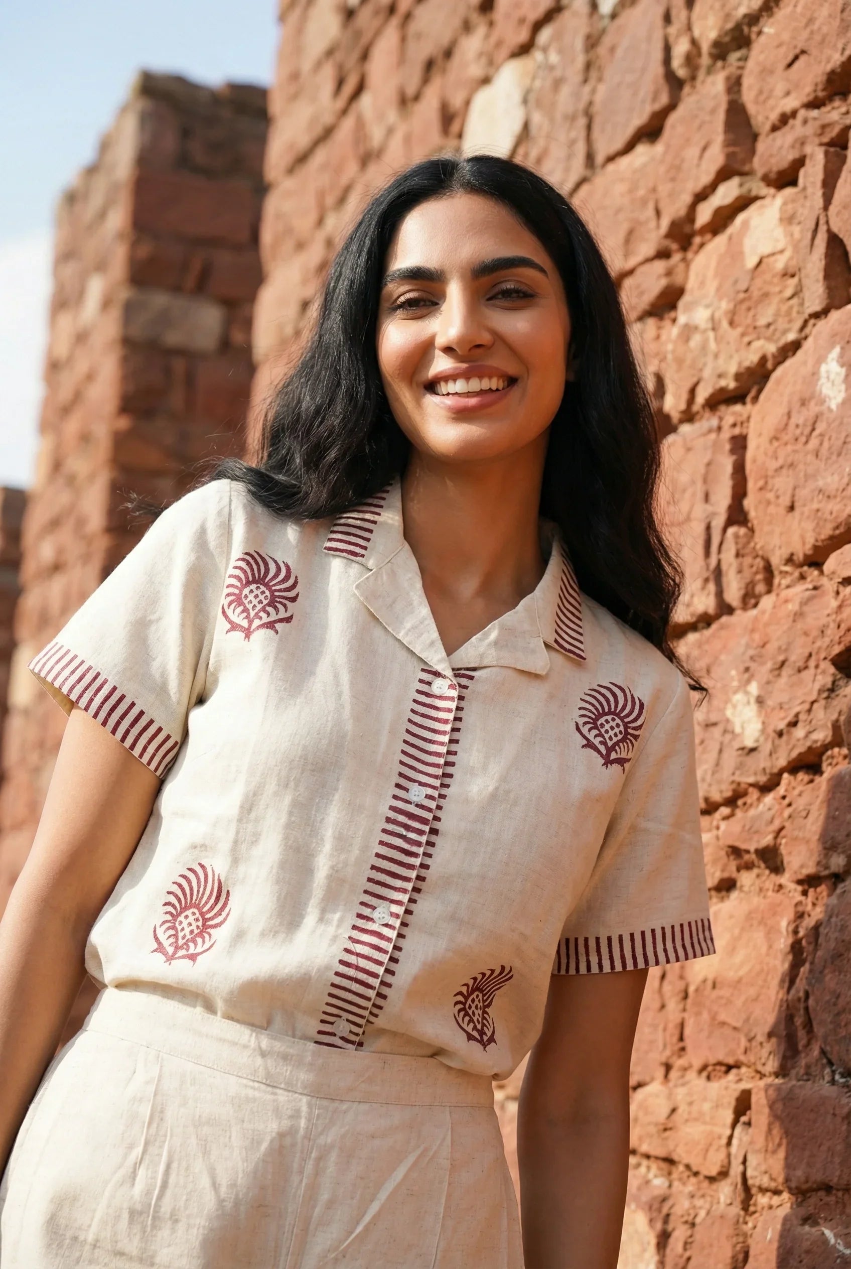 Beige Hand Block Printed Shirt Collar Pure Cotton Co-Ord Set for Women - SanskrutiHomes