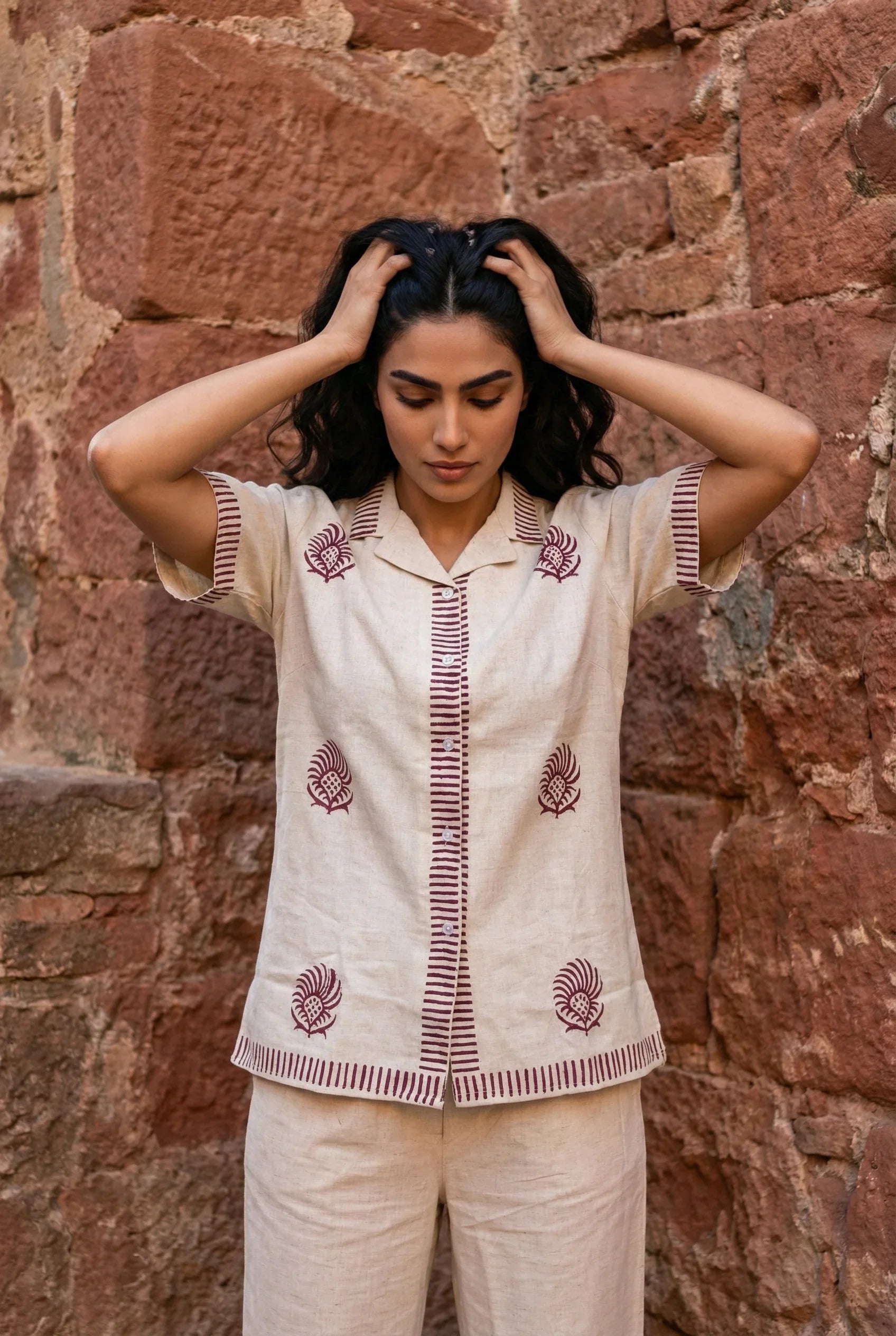 Beige Hand Block Printed Shirt Collar Pure Cotton Co-Ord Set for Women - SanskrutiHomes