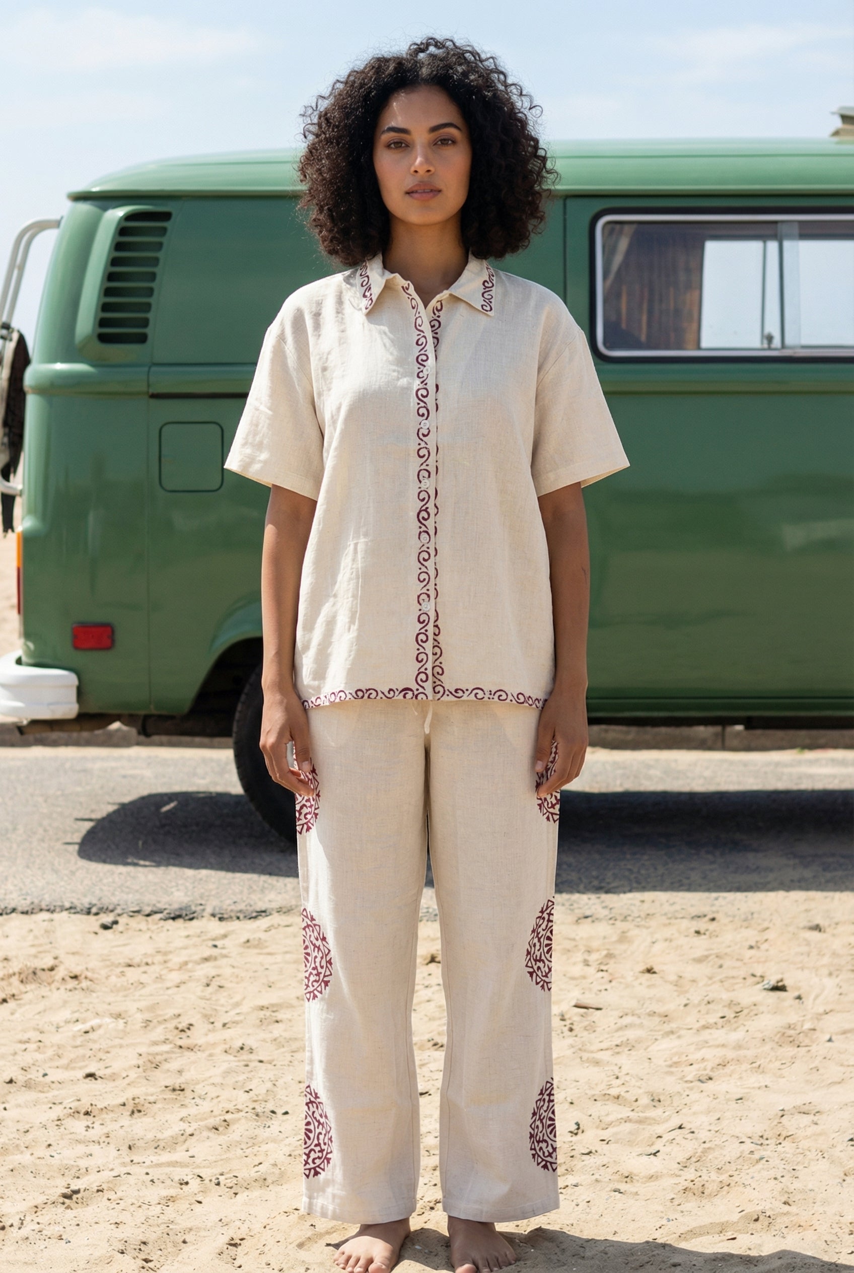 Beige Color block Print Shirt Collar Pure Cotton Co-ord Set for Women