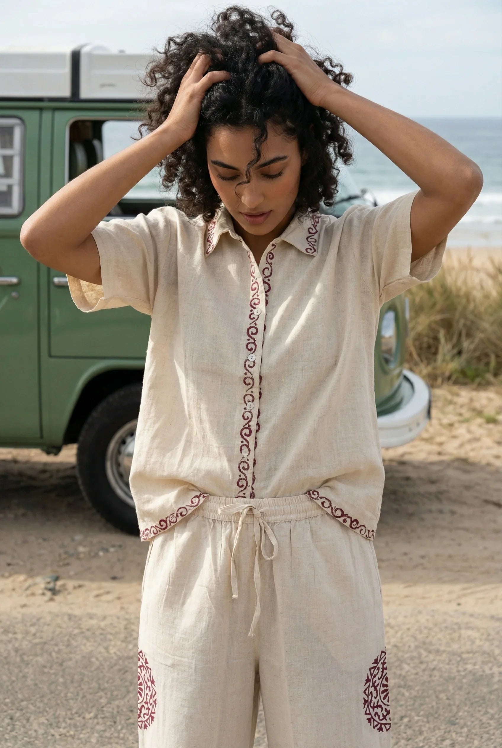 Beige Color Hand block Print Shirt Collar Pure Cotton Co-ord Set for Women - SanskrutiHomes