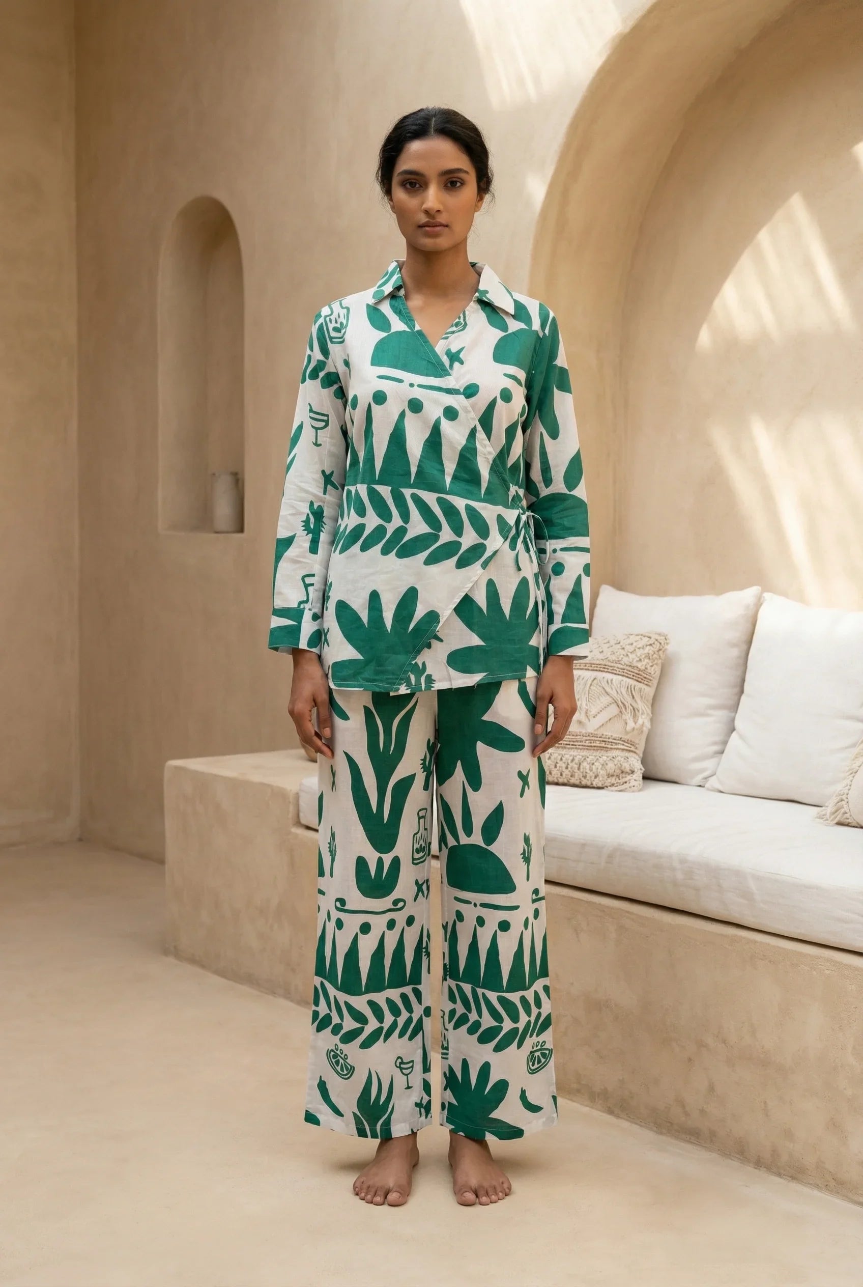 White Abstract Print Shirt Collar Pure Cotton Co-Ord Set for Women - SanskrutiHomes