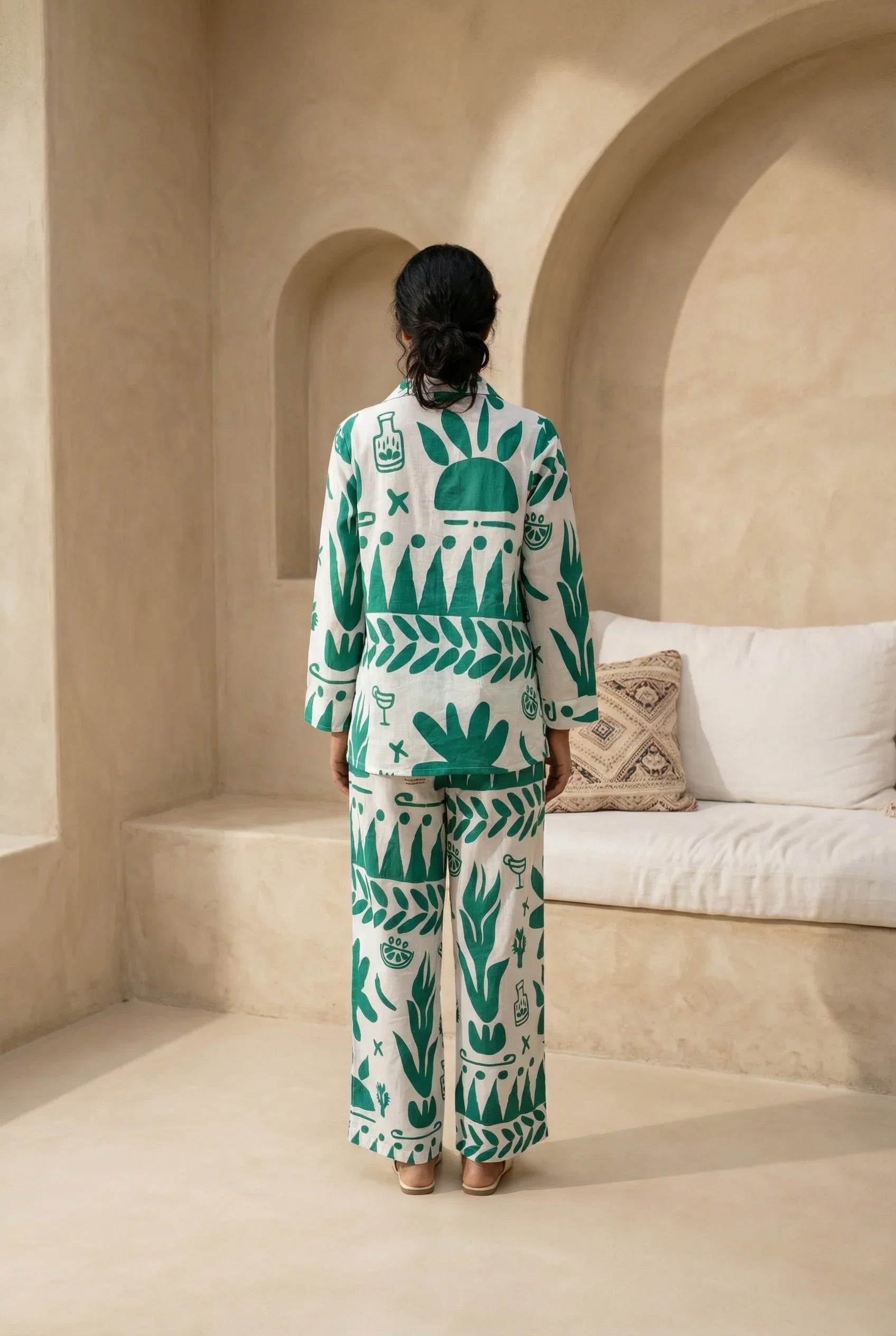 White Abstract Print Shirt Collar Pure Cotton Co-Ord Set for Women - SanskrutiHomes