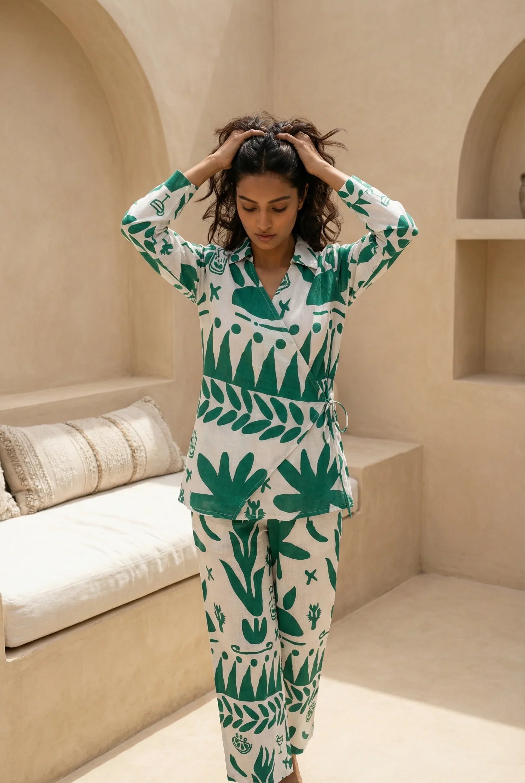 White Abstract Print Shirt Collar Pure Cotton Co-Ord Set for Women - SanskrutiHomes