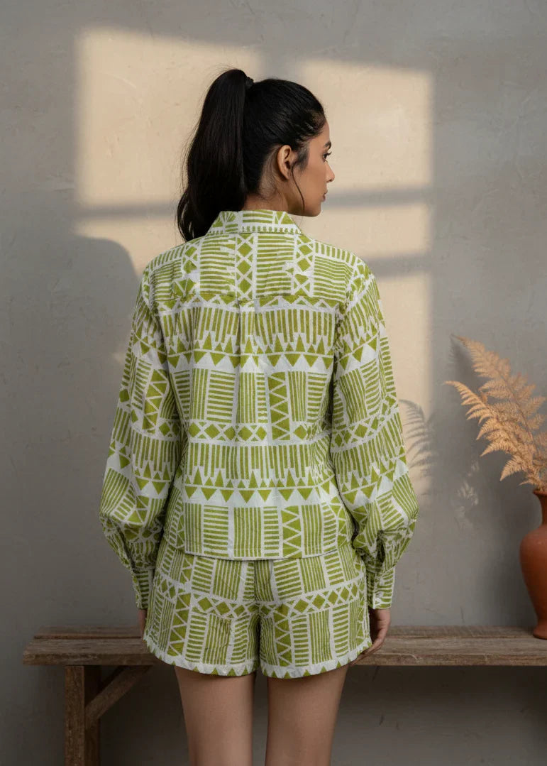 Green Abstract Print Shirt Collar Co-Ord Set for Women - SanskrutiHomes
