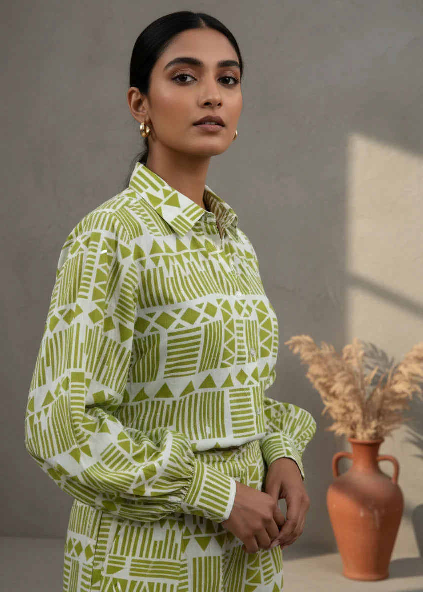 Green Abstract Print Shirt Collar Co-Ord Set for Women - SanskrutiHomes