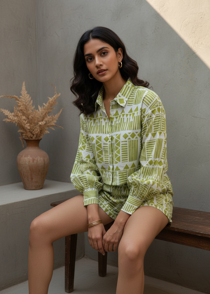 Green Abstract Print Shirt Collar Co-Ord Set for Women