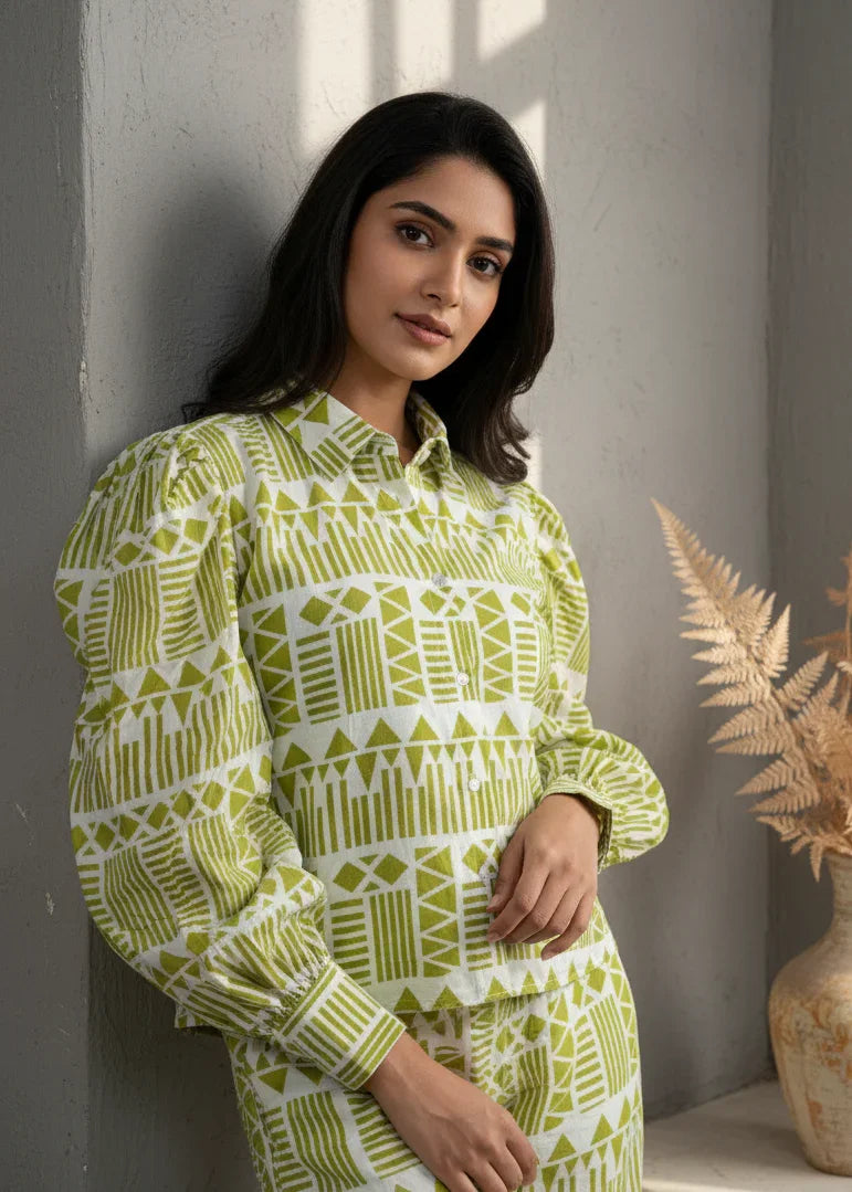 Green Abstract Print Shirt Collar Co-Ord Set for Women - SanskrutiHomes