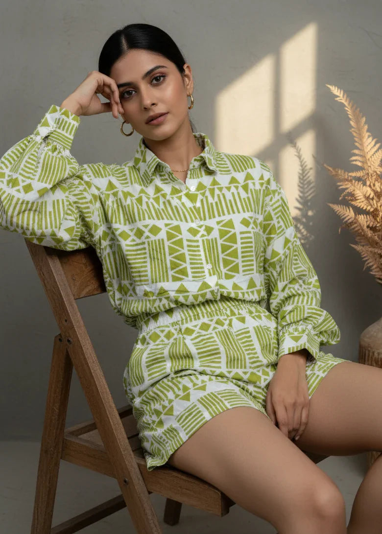 Green Abstract Print Shirt Collar Co-Ord Set for Women - SanskrutiHomes
