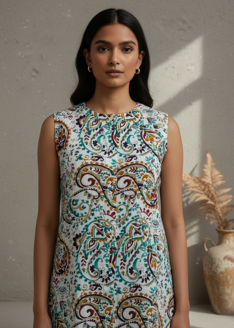 White Round Neck Sleeveless Printed Co-Ord Set For Women