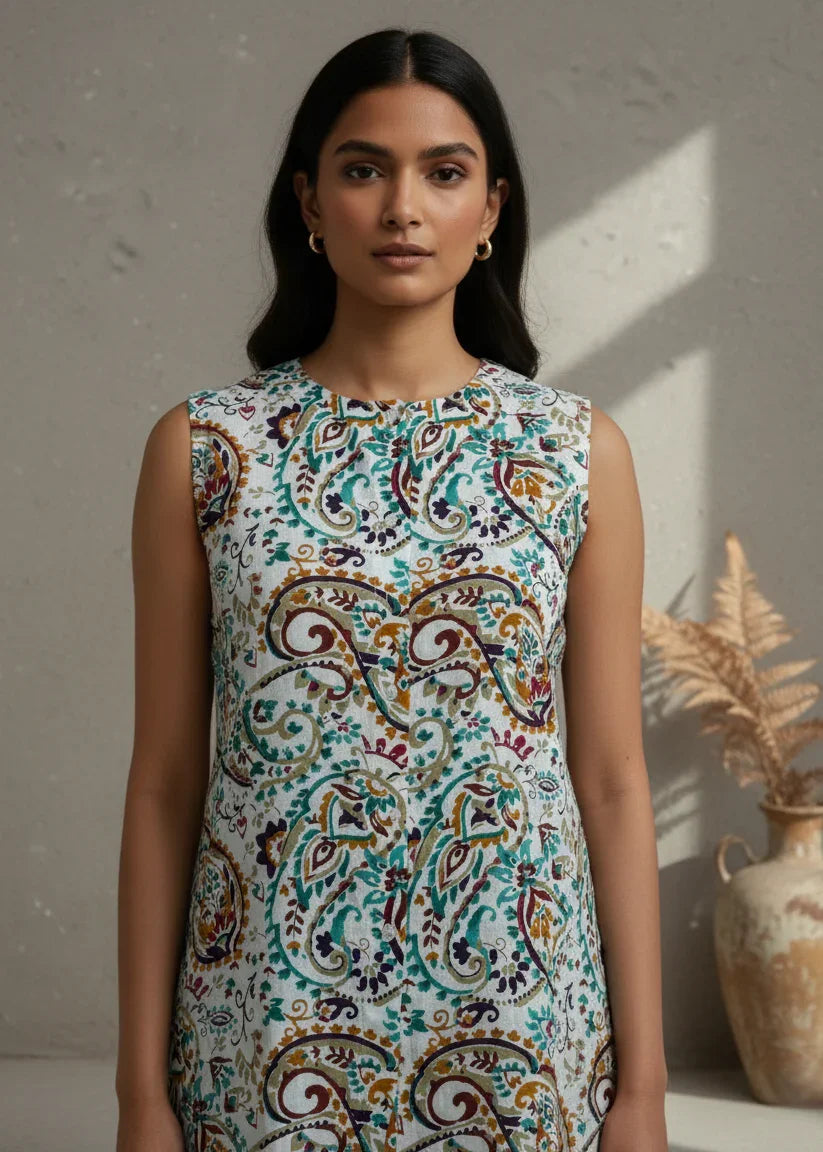 White Round Neck Sleeveless Printed Co-Ord Set For Women - SanskrutiHomes