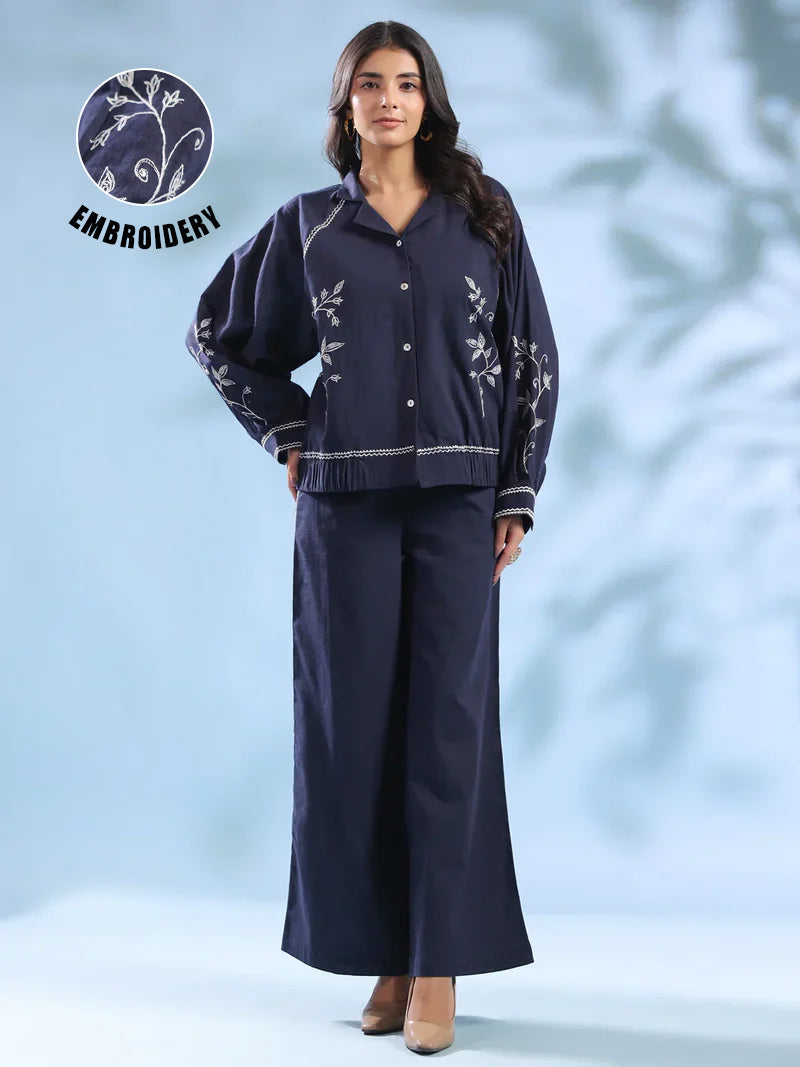 Navy Blue Dyed Shirt Collar Pure Cotton Co-Ord Set For Women