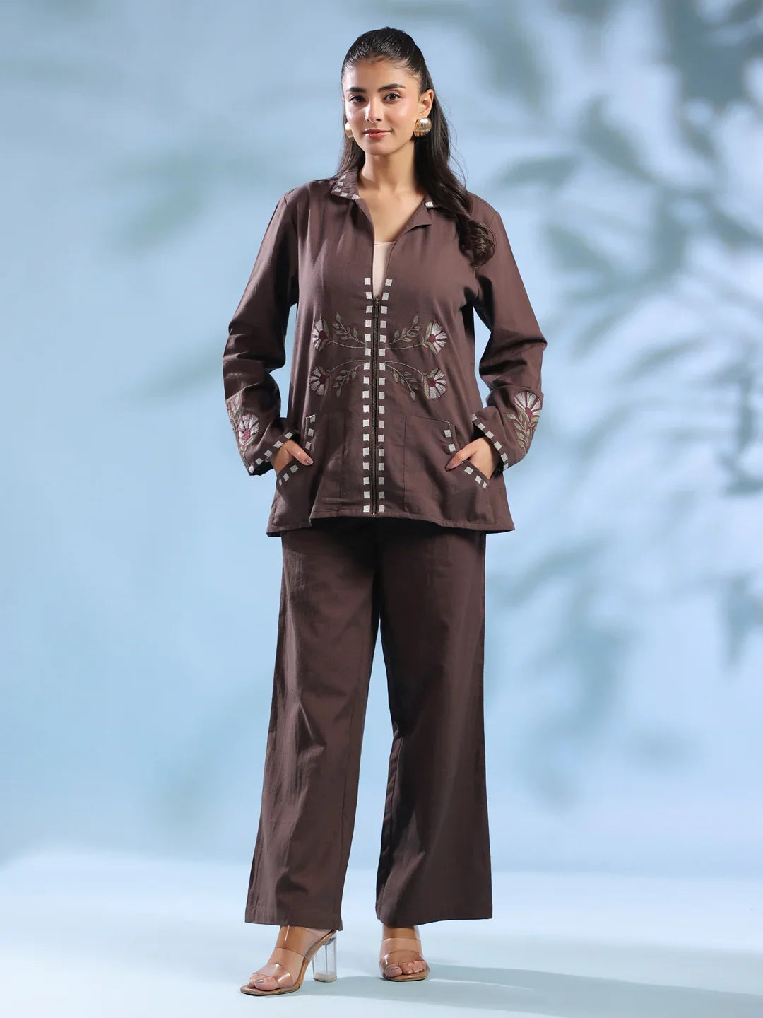 Coffee Brown Dyed Shirt Collar Pure Cotton Co-Ord Set For Women