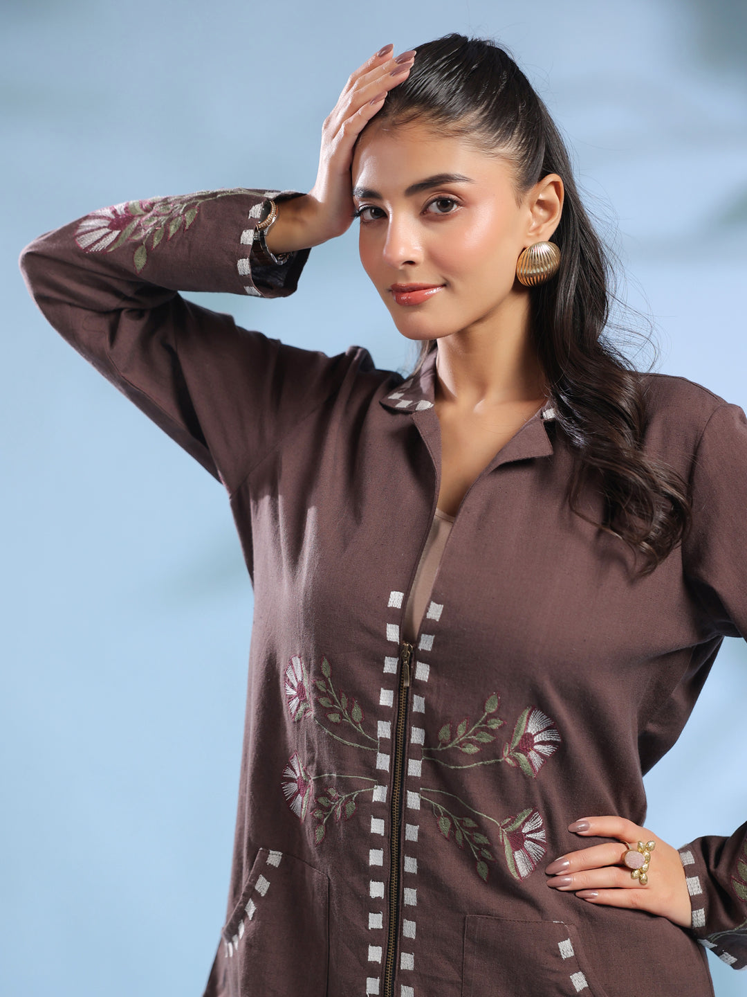 Coffee Brown Dyed Shirt Collar Pure Cotton Co-Ord Set For Women
