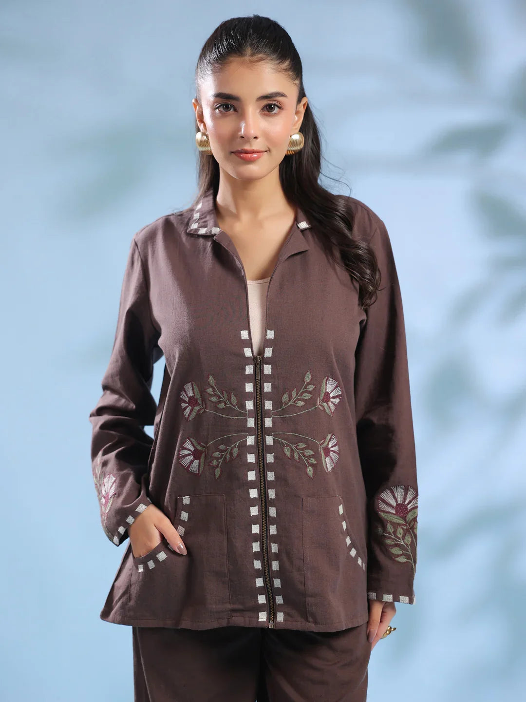 Coffee Brown Dyed Shirt Collar Pure Cotton Co-Ord Set For Women