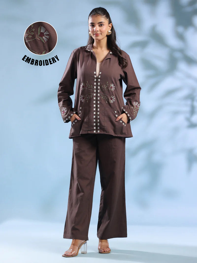 Coffee Brown Dyed Shirt Collar Pure Cotton Co-Ord Set For Women