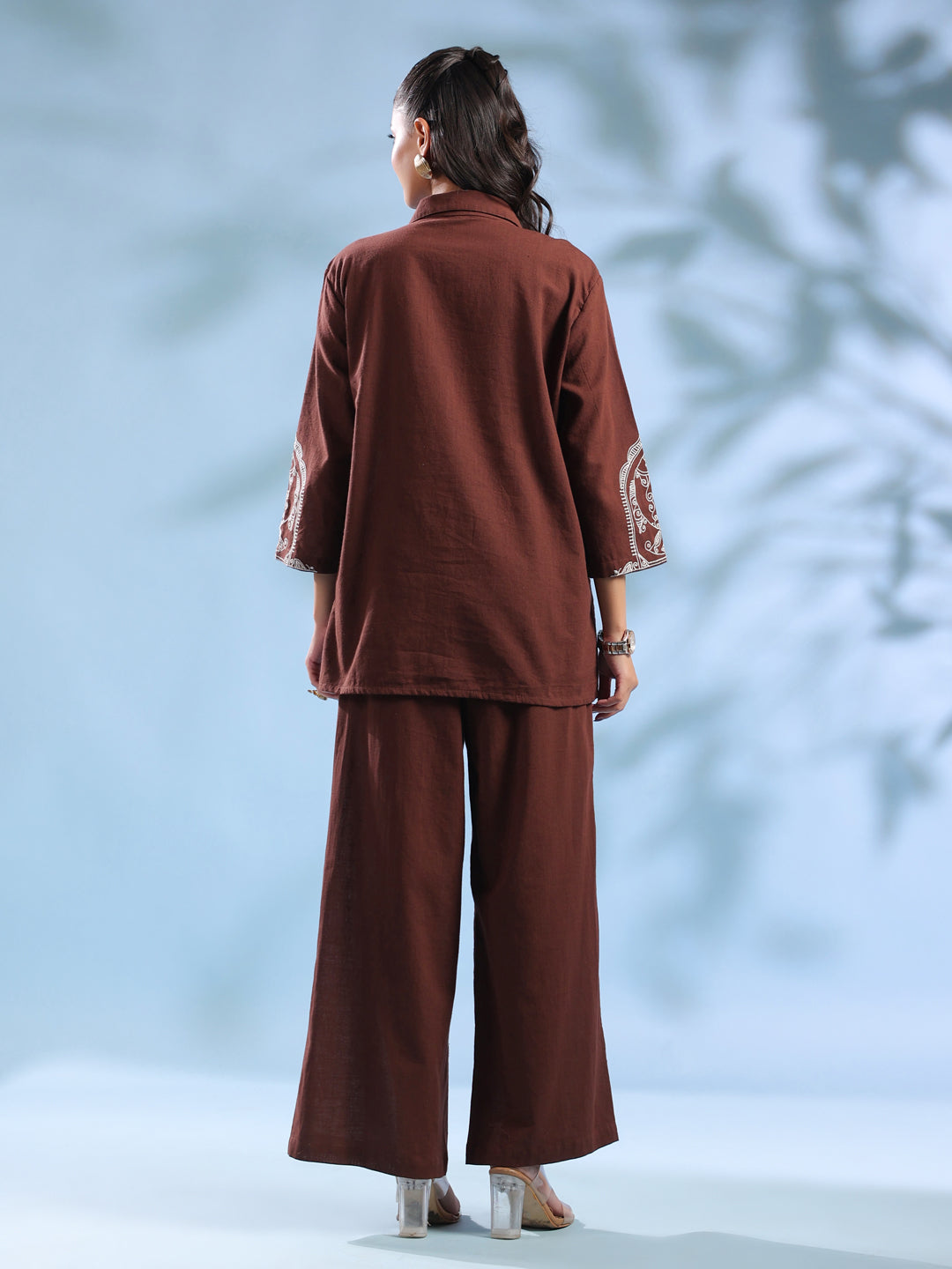 Brown Dyed Shirt Collar Pure Cotton Co-Ord Set For Women