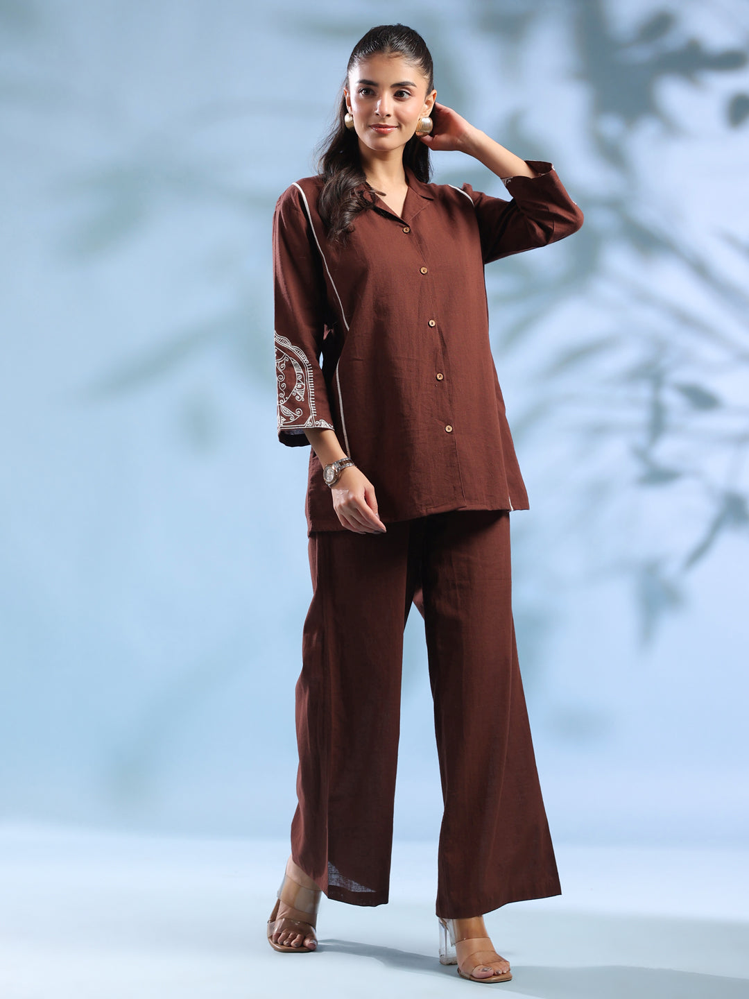 Brown Dyed Shirt Collar Pure Cotton Co-Ord Set For Women