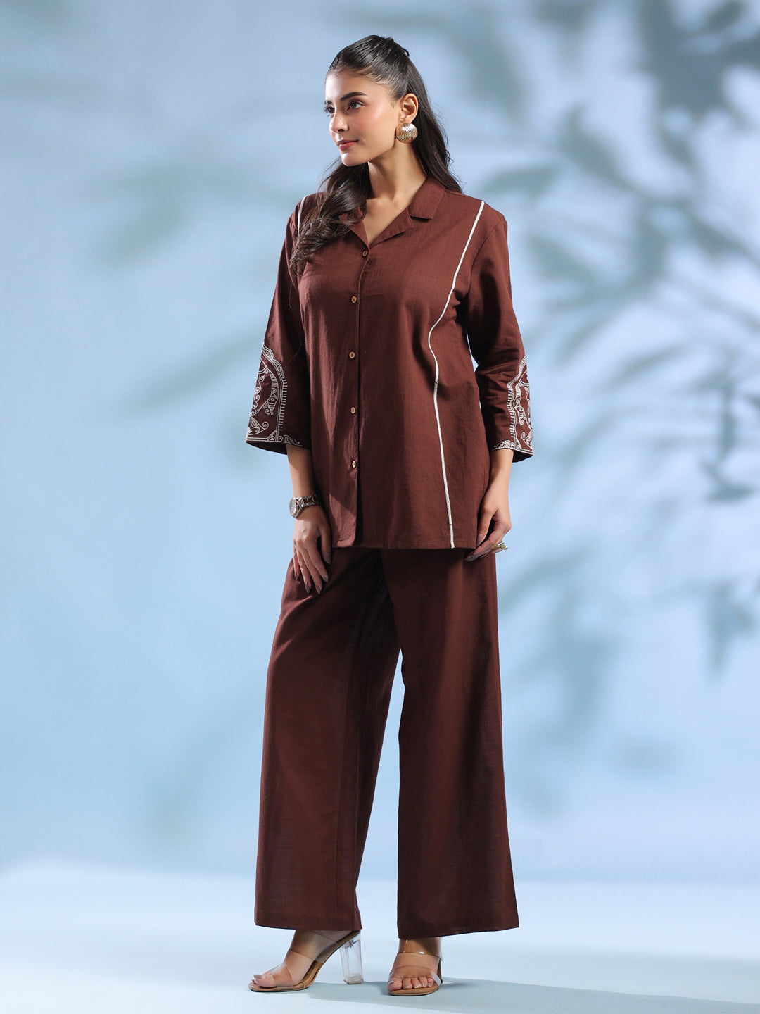 Brown Dyed Shirt Collar Pure Cotton Co-Ord Set For Women