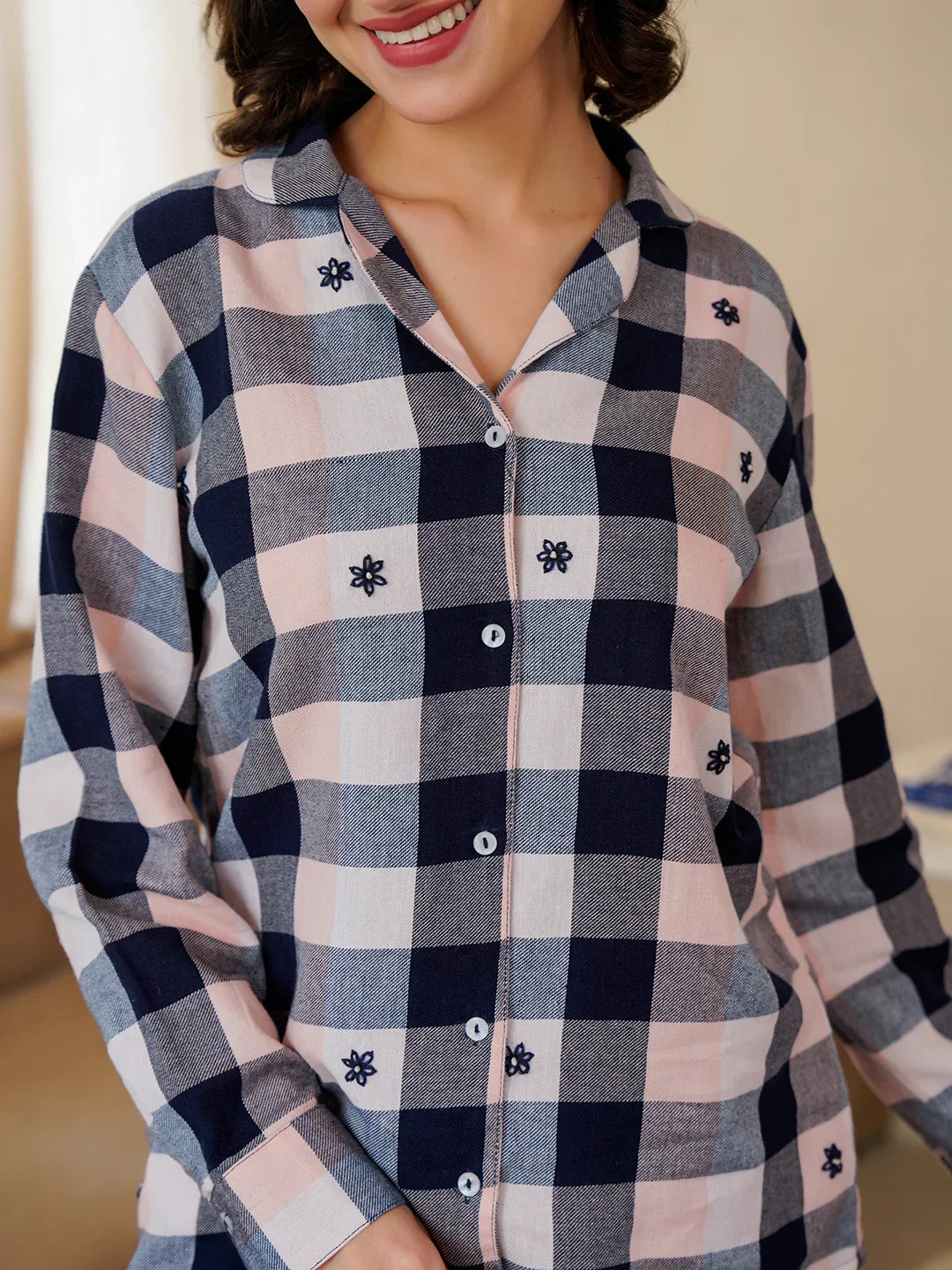 Pink Cotton Blend Checked Shirt Collar Winter Co-ords Set for Women - SanskrutiHomes