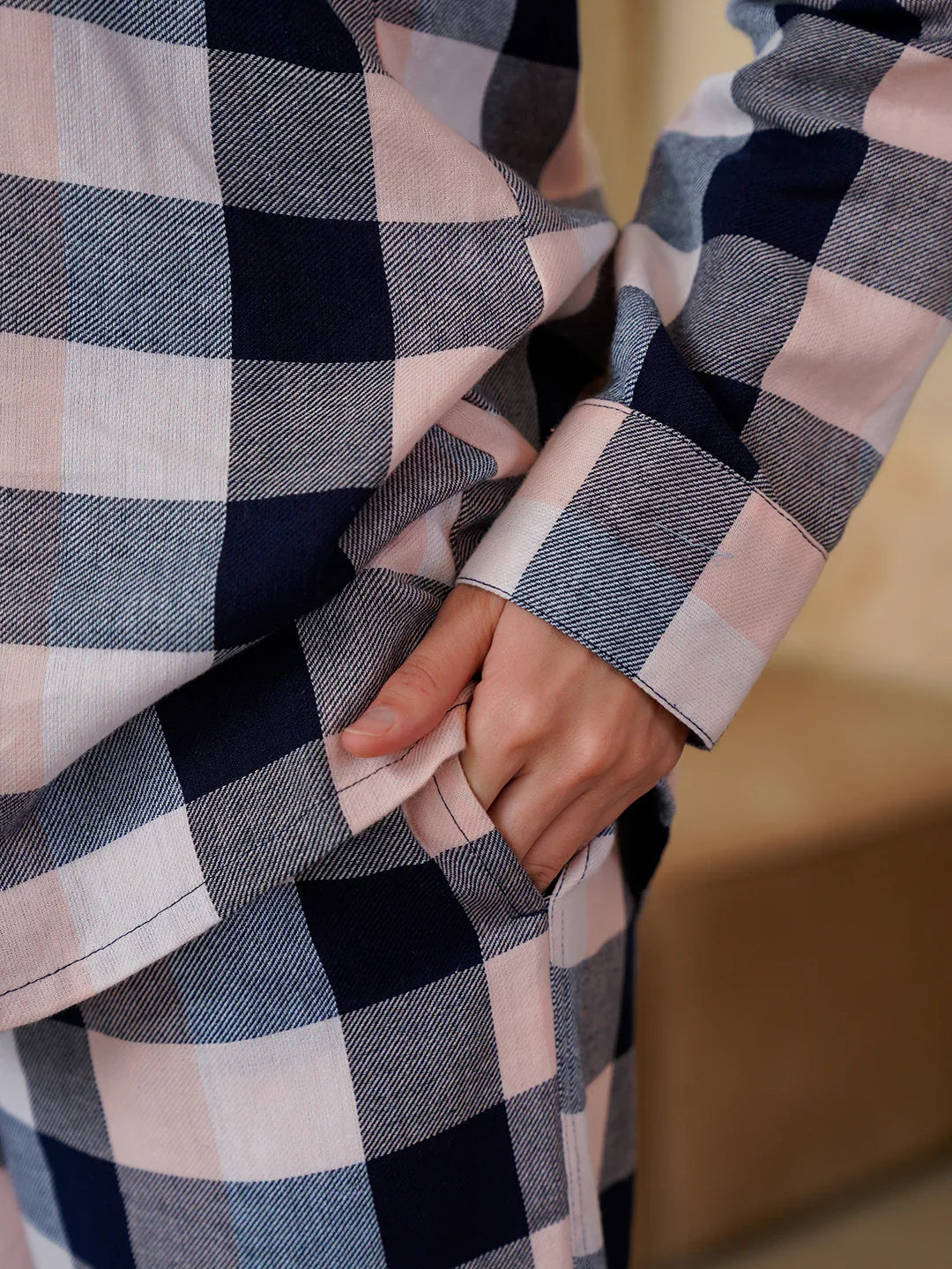 Pink Cotton Blend Checked Shirt Collar Winter Co-ords Set for Women - SanskrutiHomes