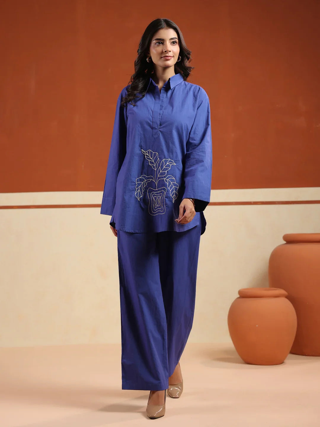 Blue Solid Pure Cotton Shirt Collar Co-Ord Set For Women