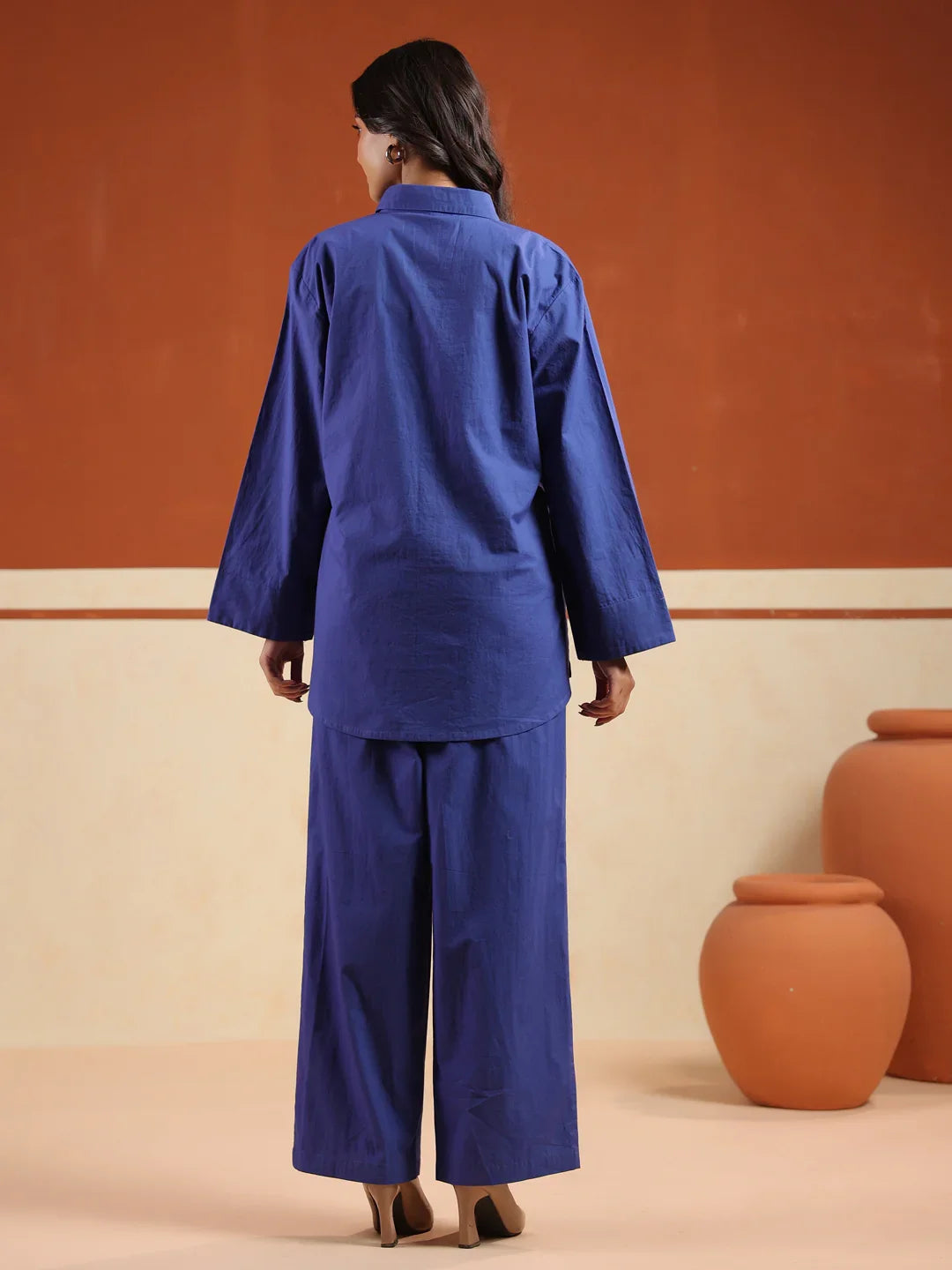 Blue Solid Pure Cotton Shirt Collar Co-Ord Set For Women