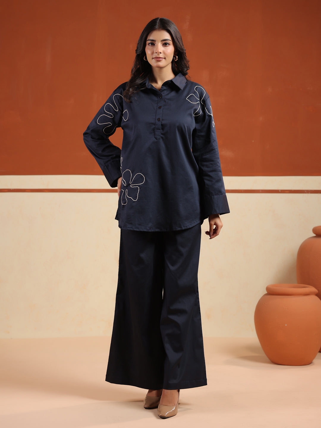 Navy Blue Solid Cotton Blend Shirt Collar Co-Ord Set For Women