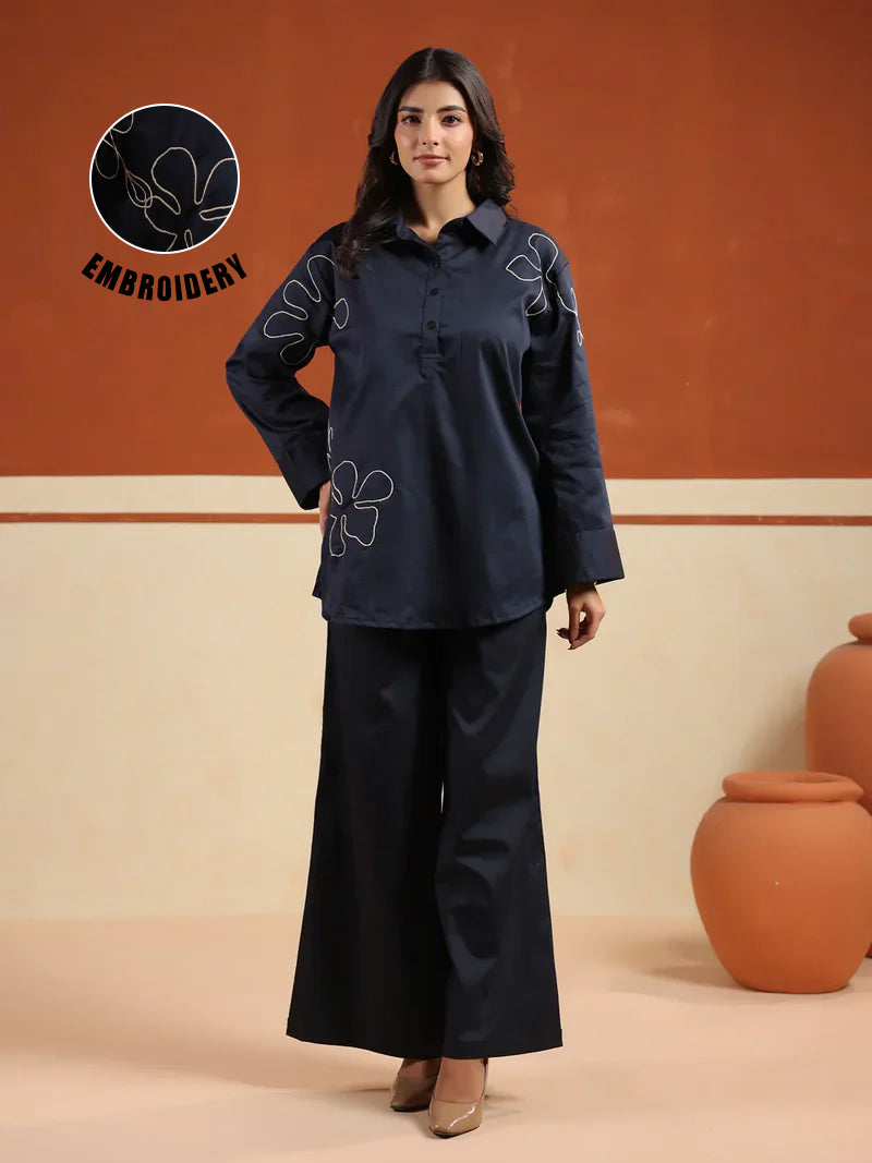 Navy Blue Solid Cotton Blend Shirt Collar Co-Ord Set For Women