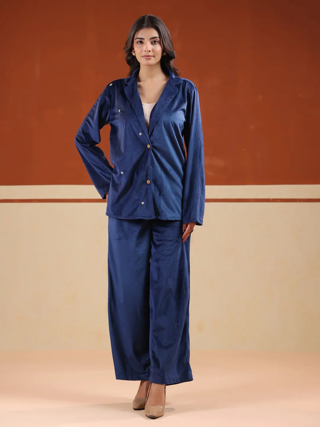 Blue Solid Velvet Shirt Collar Co-ord Set for Women - SanskrutiHomes