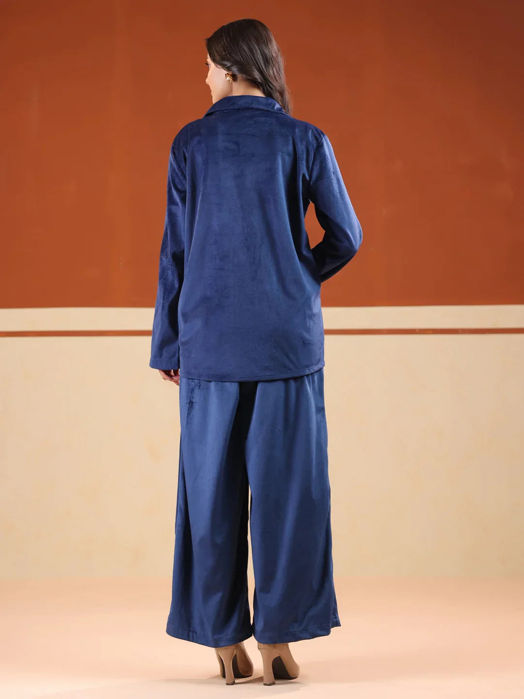 Blue Solid Velvet Shirt Collar Co-ord Set for Women - SanskrutiHomes