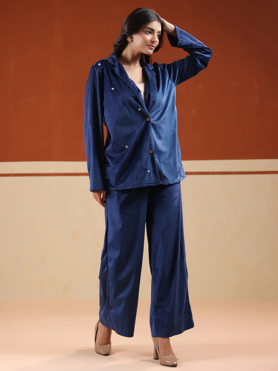 Blue Solid Velvet Shirt Collar Co-ord Set for Women - SanskrutiHomes