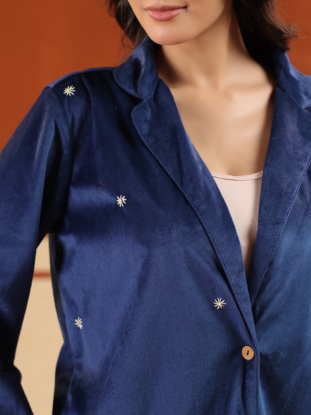 Blue Solid Velvet Shirt Collar Co-ord Set for Women