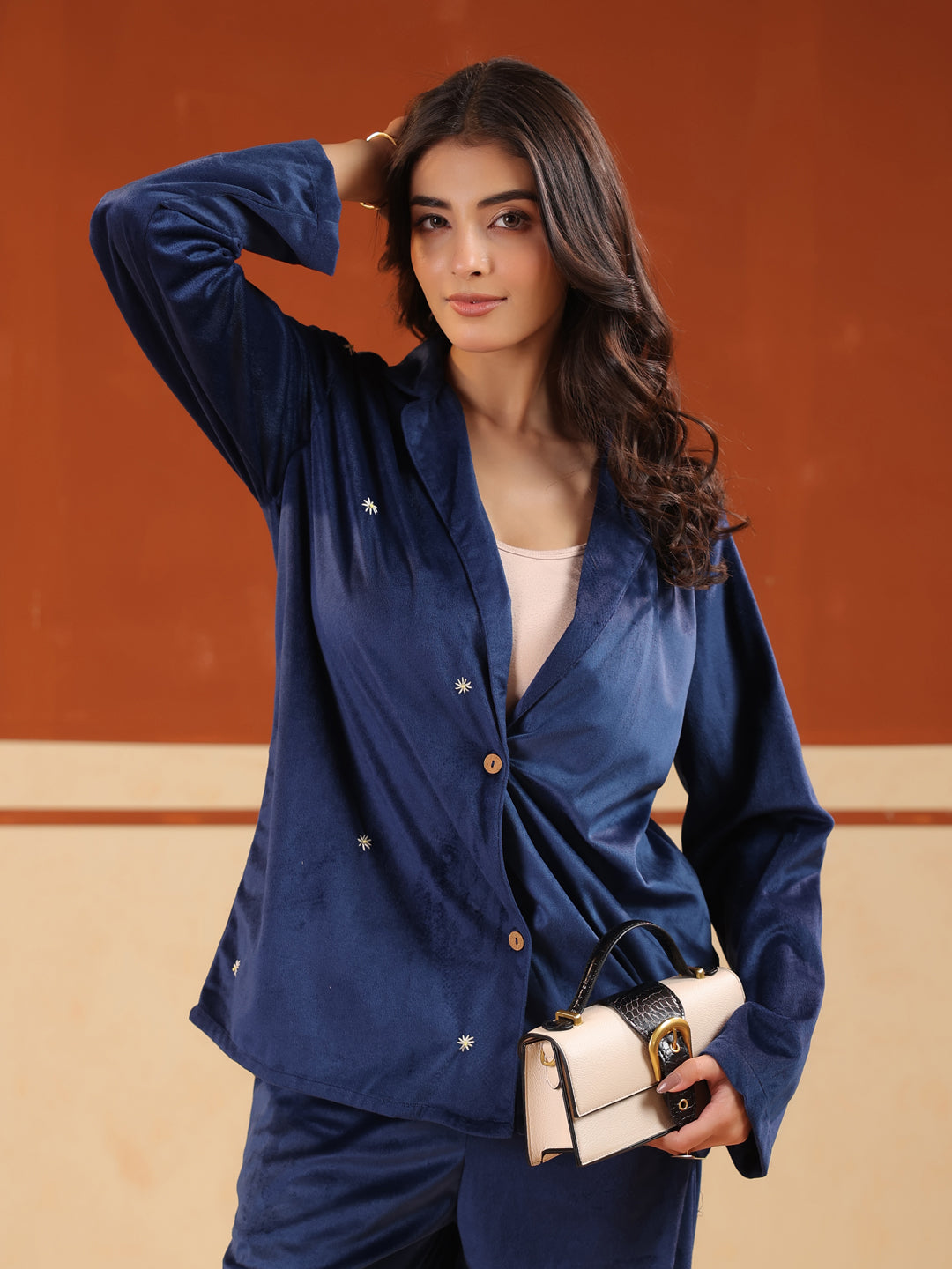 Blue Solid Velvet Shirt Collar Co-ord Set for Women