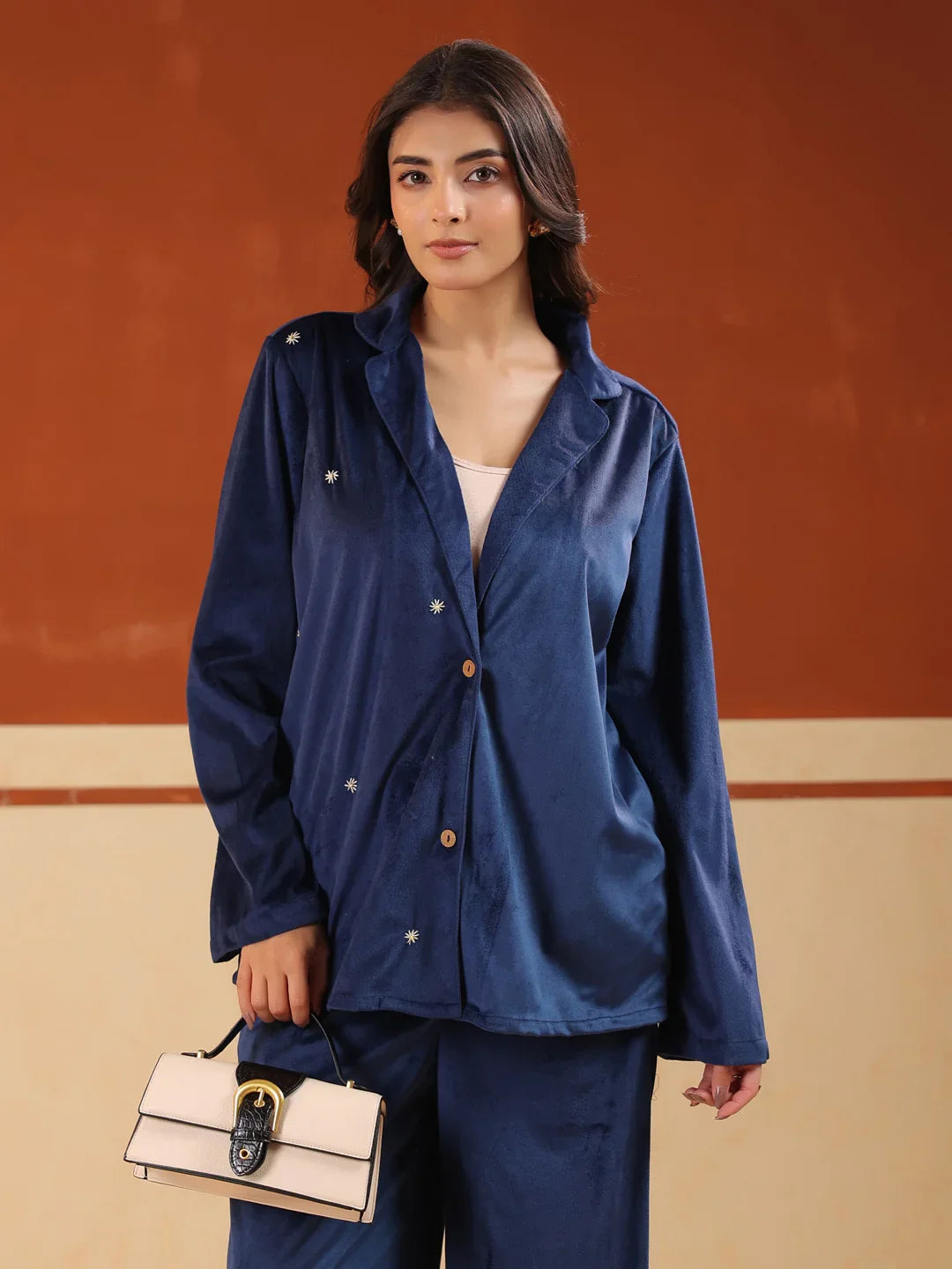 Blue Solid Velvet Shirt Collar Co-ord Set for Women - SanskrutiHomes