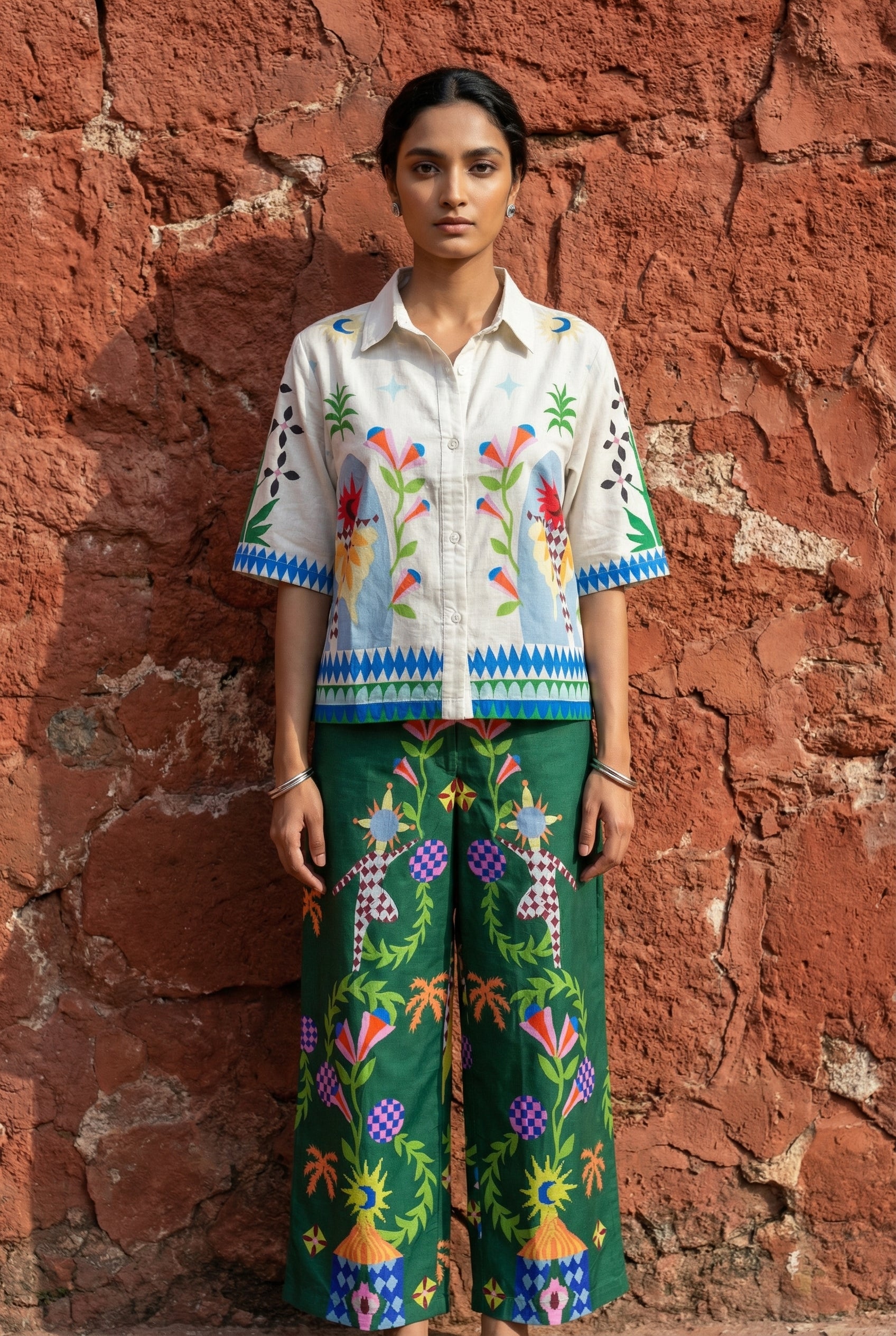 White Printed Shirt Collar Co-Ord Set For Women