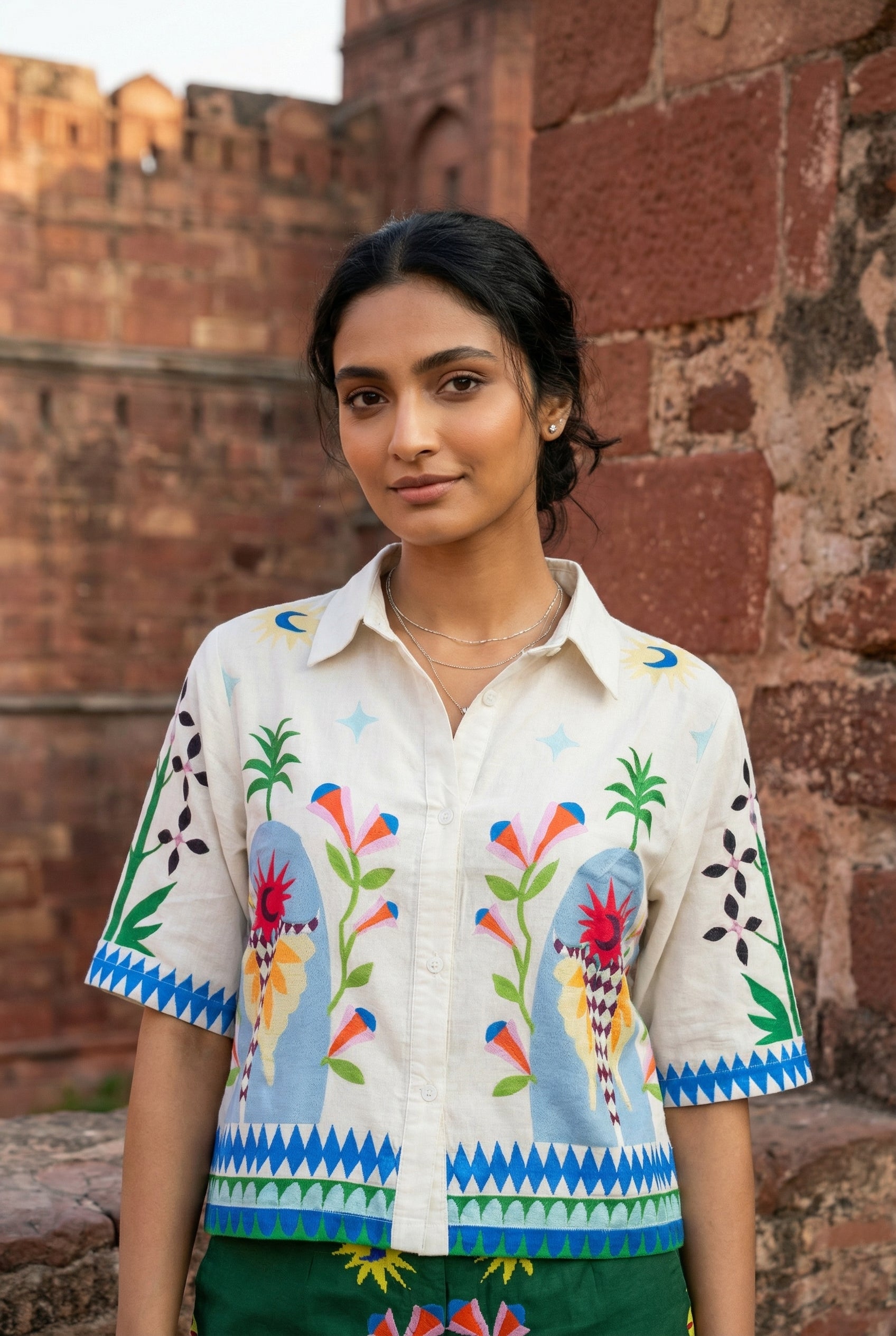 White Printed Shirt Collar Co-Ord Set For Women