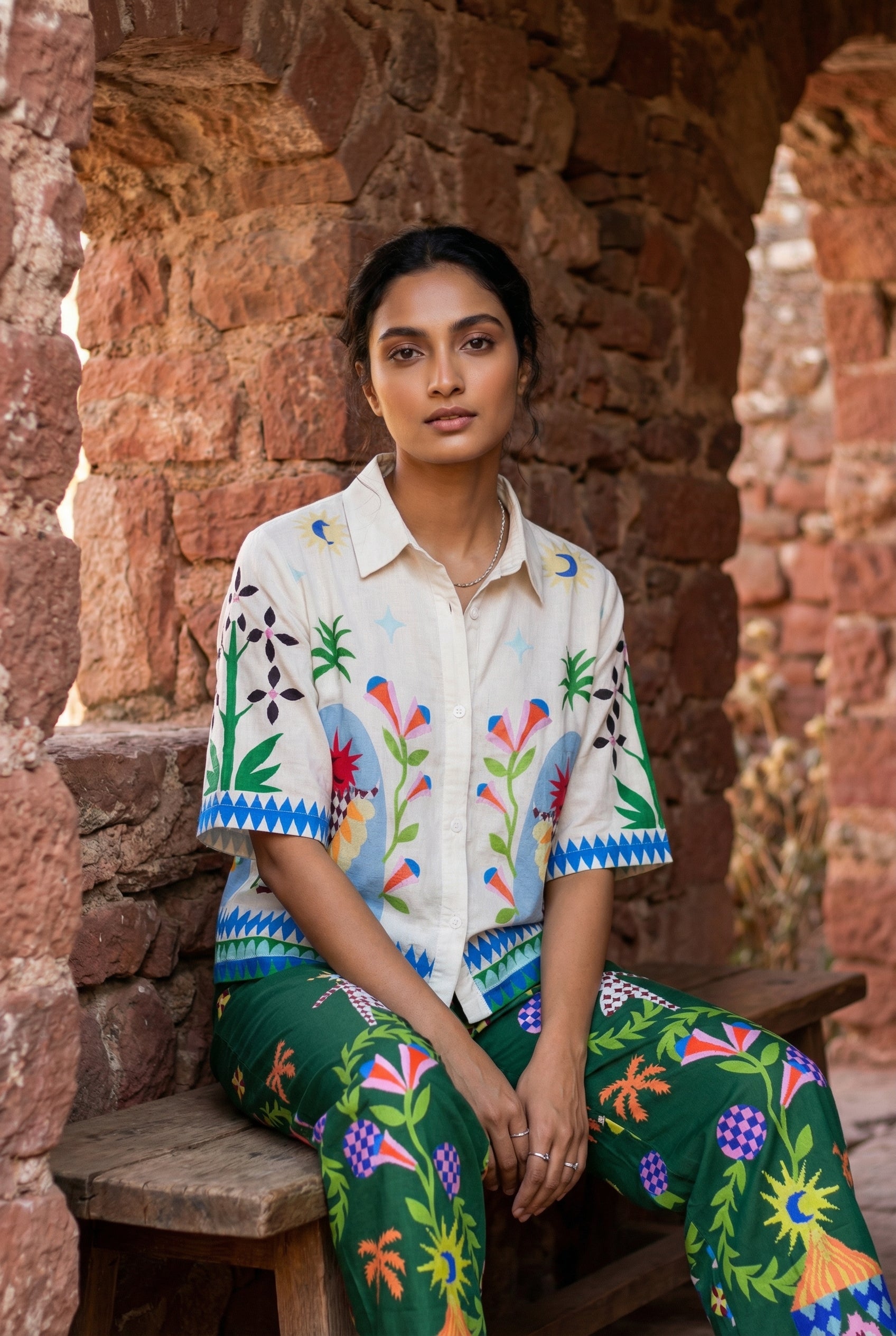 White Printed Shirt Collar Co-Ord Set For Women