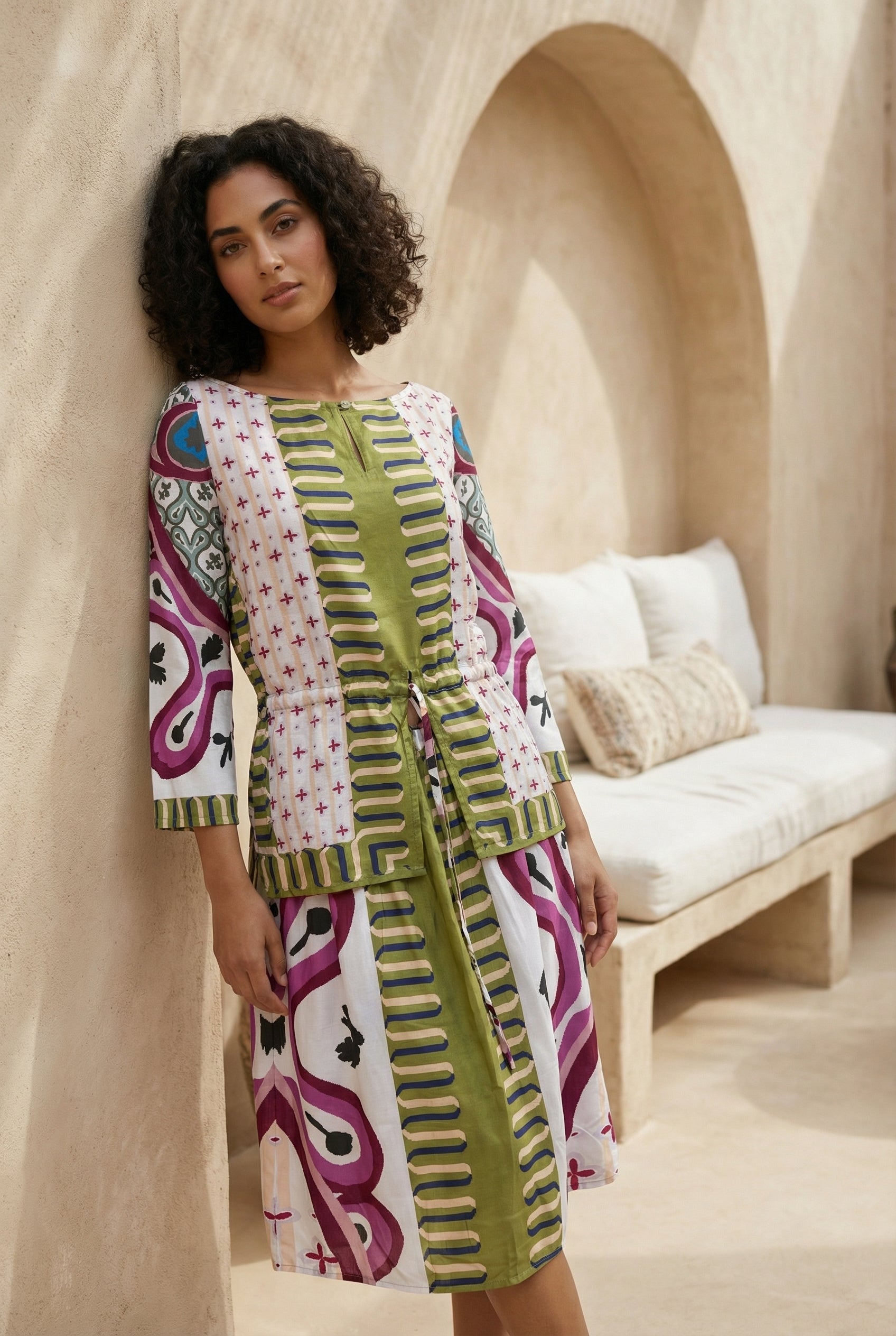 Multi Color Printed Boat Neck Co-Ord Set For Women