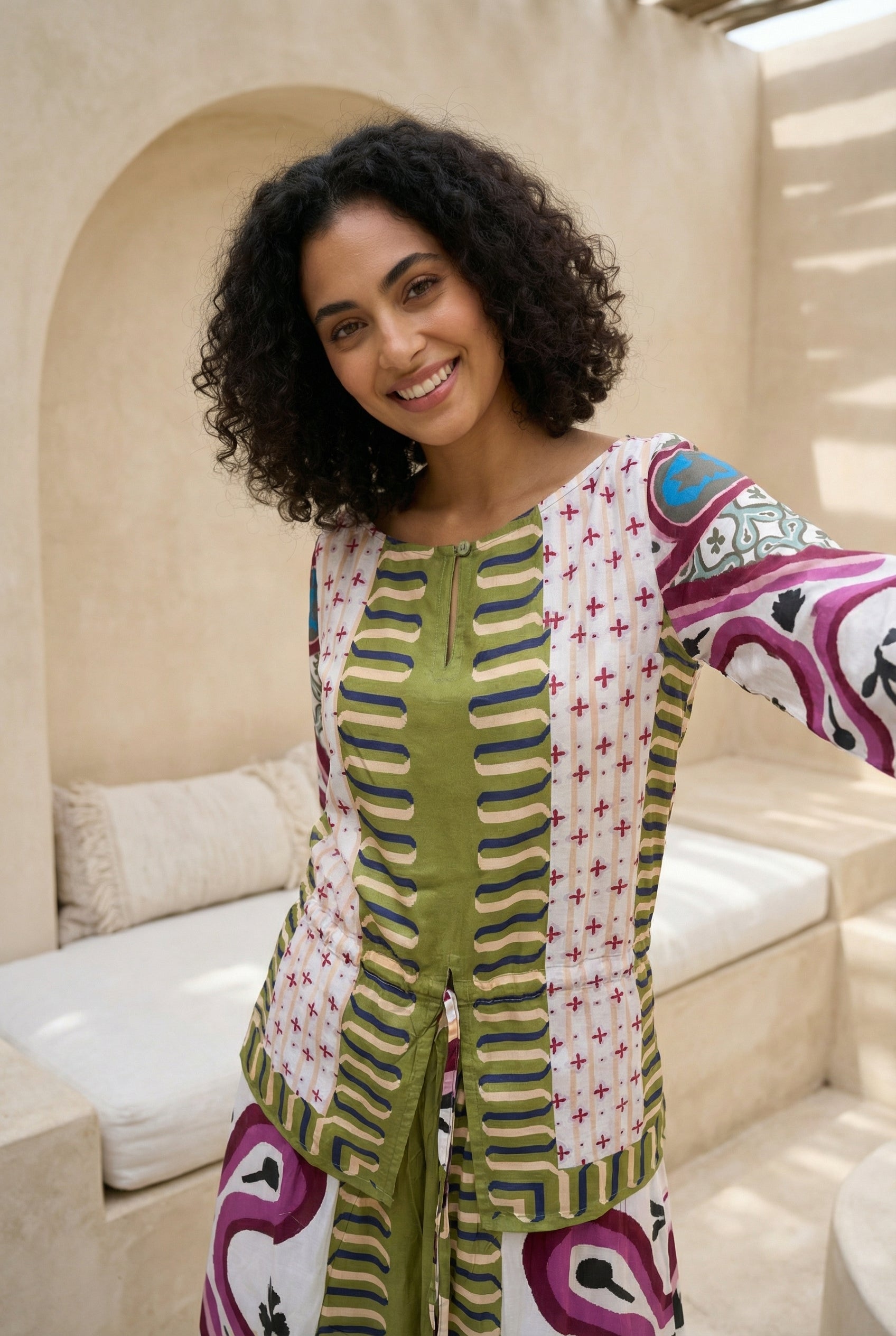 Multi Color Printed Boat Neck Co-Ord Set For Women