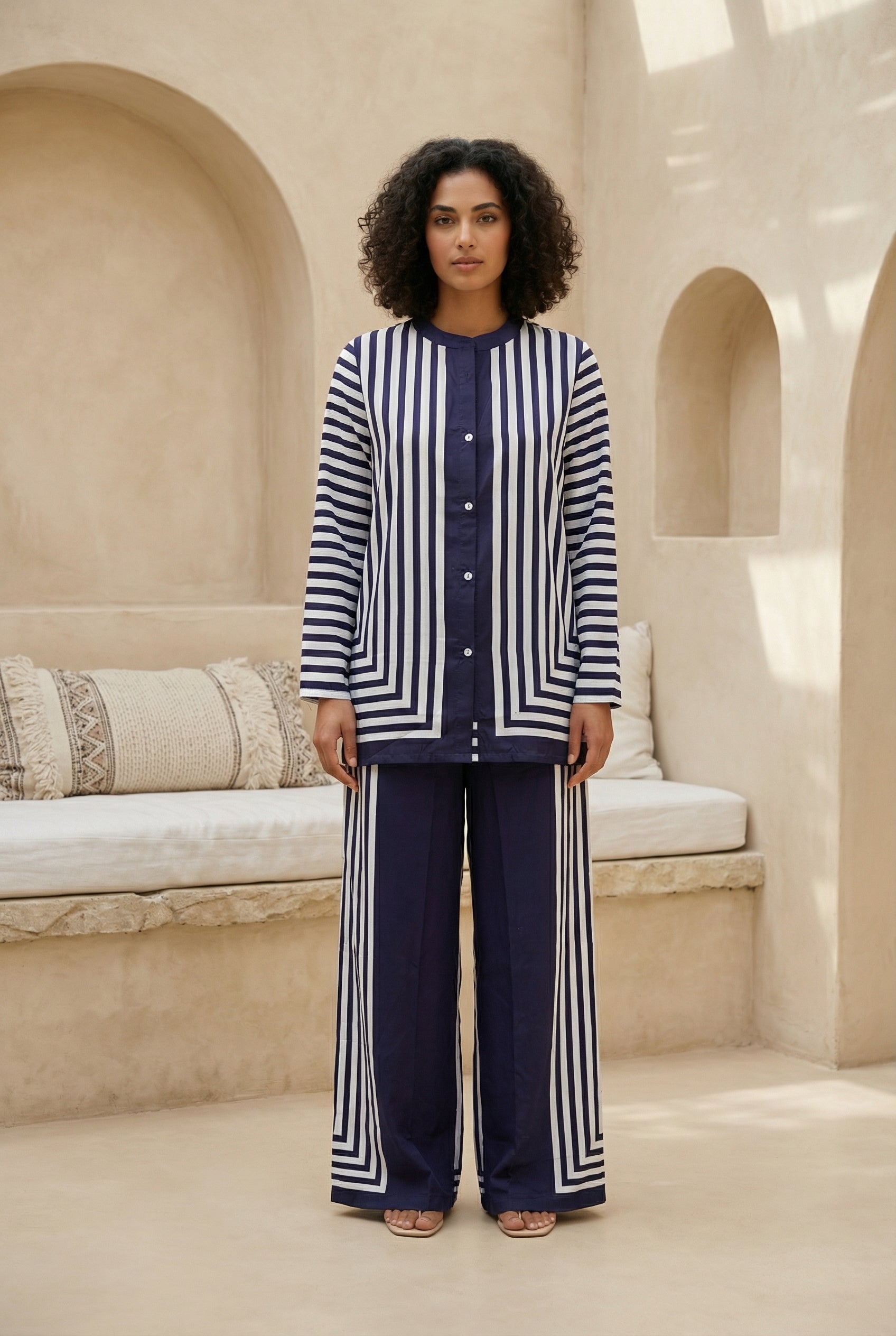 Navy Blue Striped Print Mandarin Collar Co-Ord Set For Women