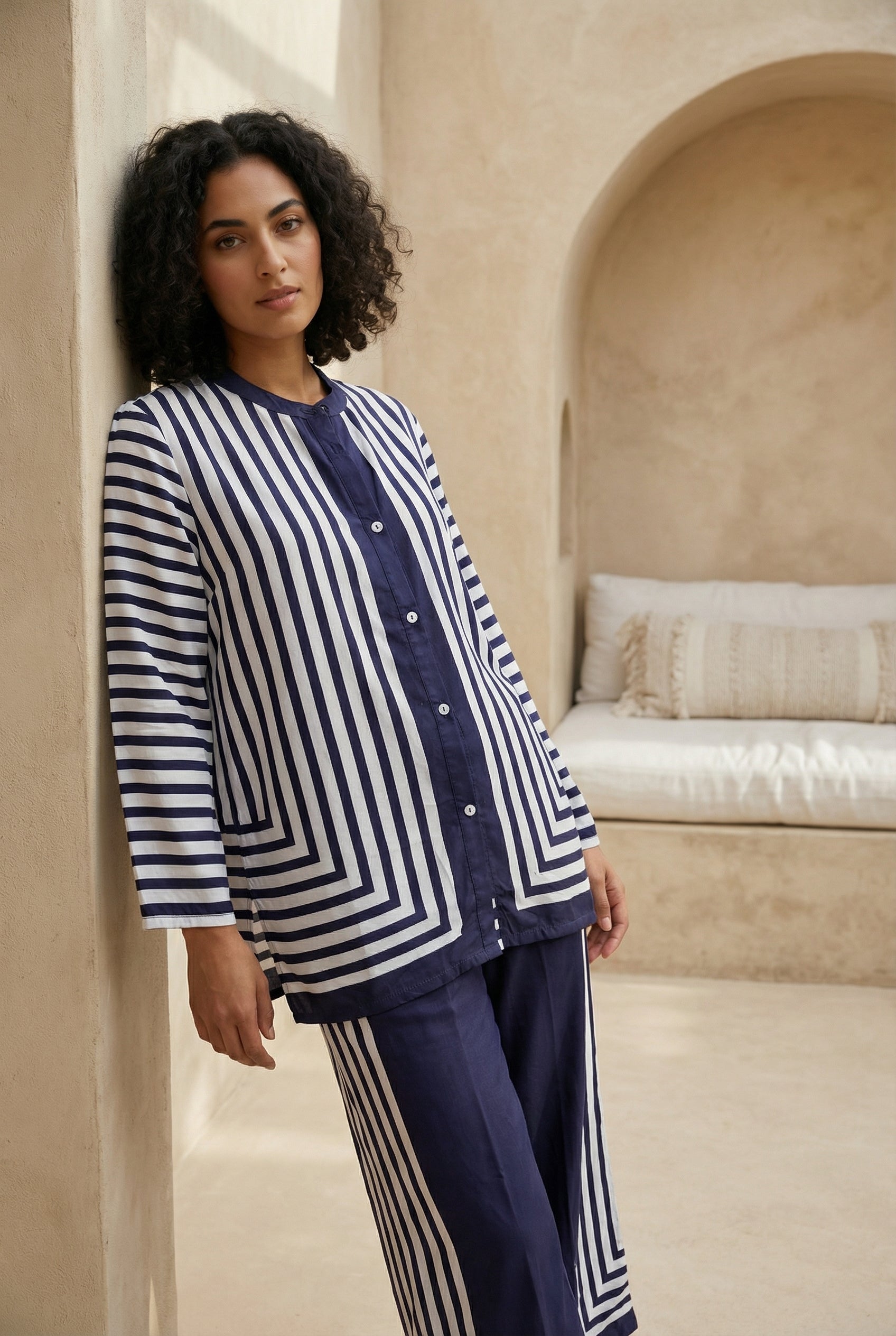 Navy Blue Striped Print Mandarin Collar Co-Ord Set For Women