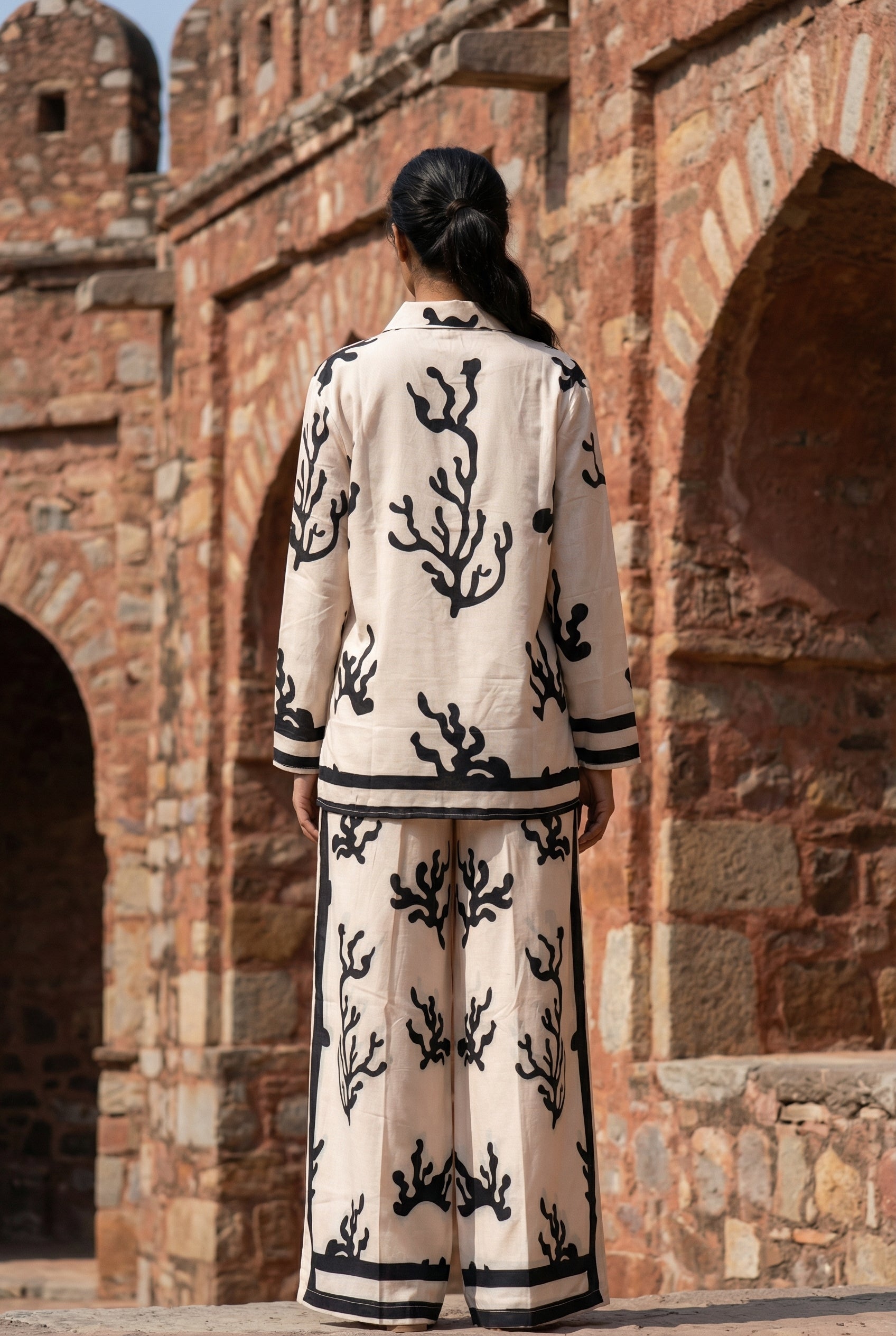 Beige Shirt Collar Printed Co-Ord Set For Women