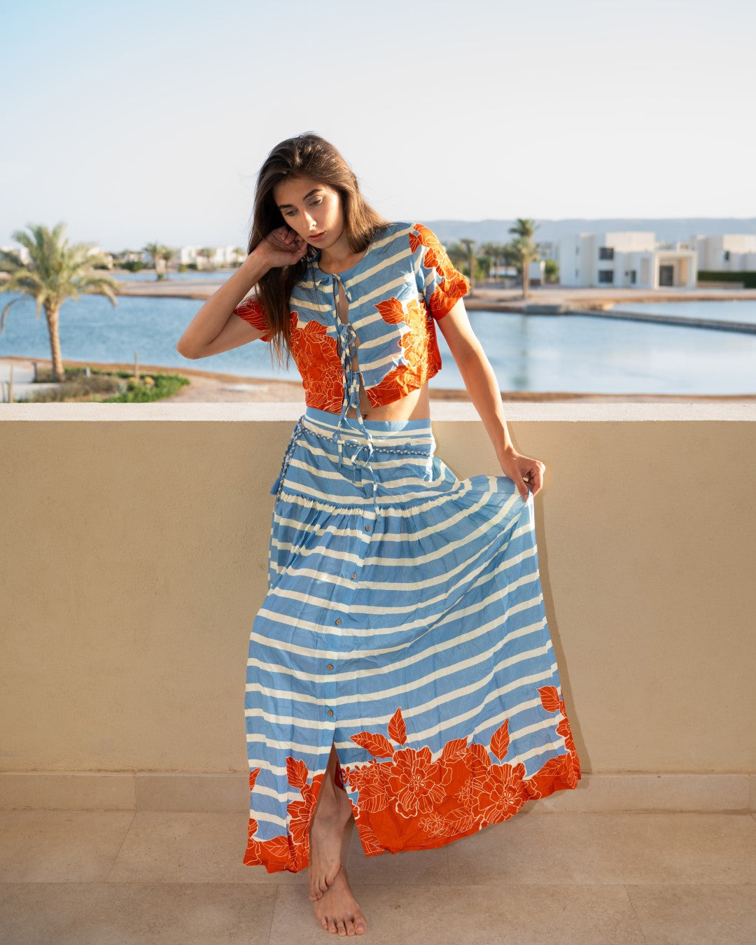 Blue Round Neck Stripes Print Flared Co-Ord Set For Women