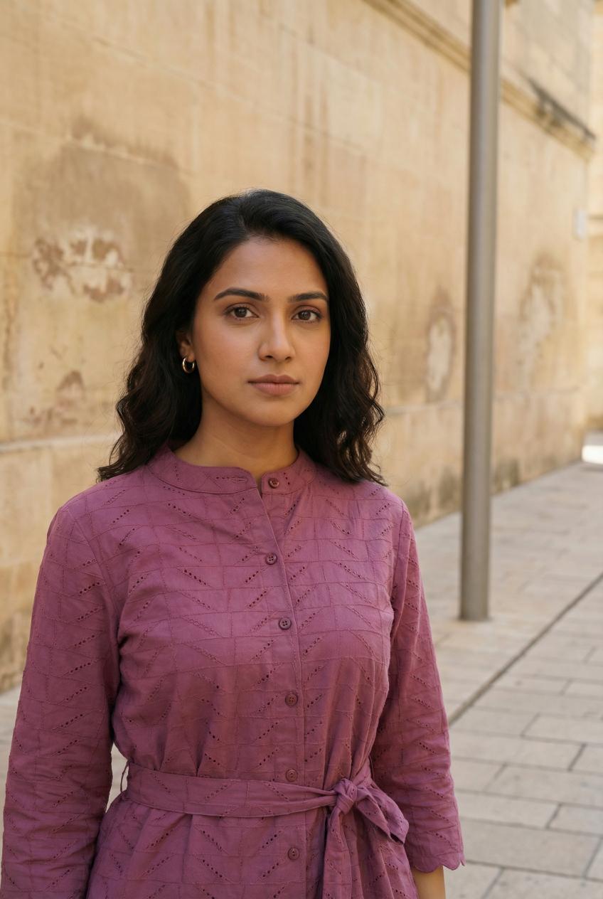 Purple Self Design Round Neck Pure Cotton Top & Trousers Co-Ord Set