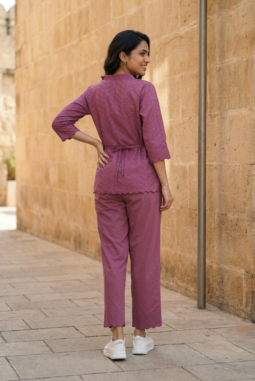 Purple Self Design Round Neck Pure Cotton Top & Trousers Co-Ord Set