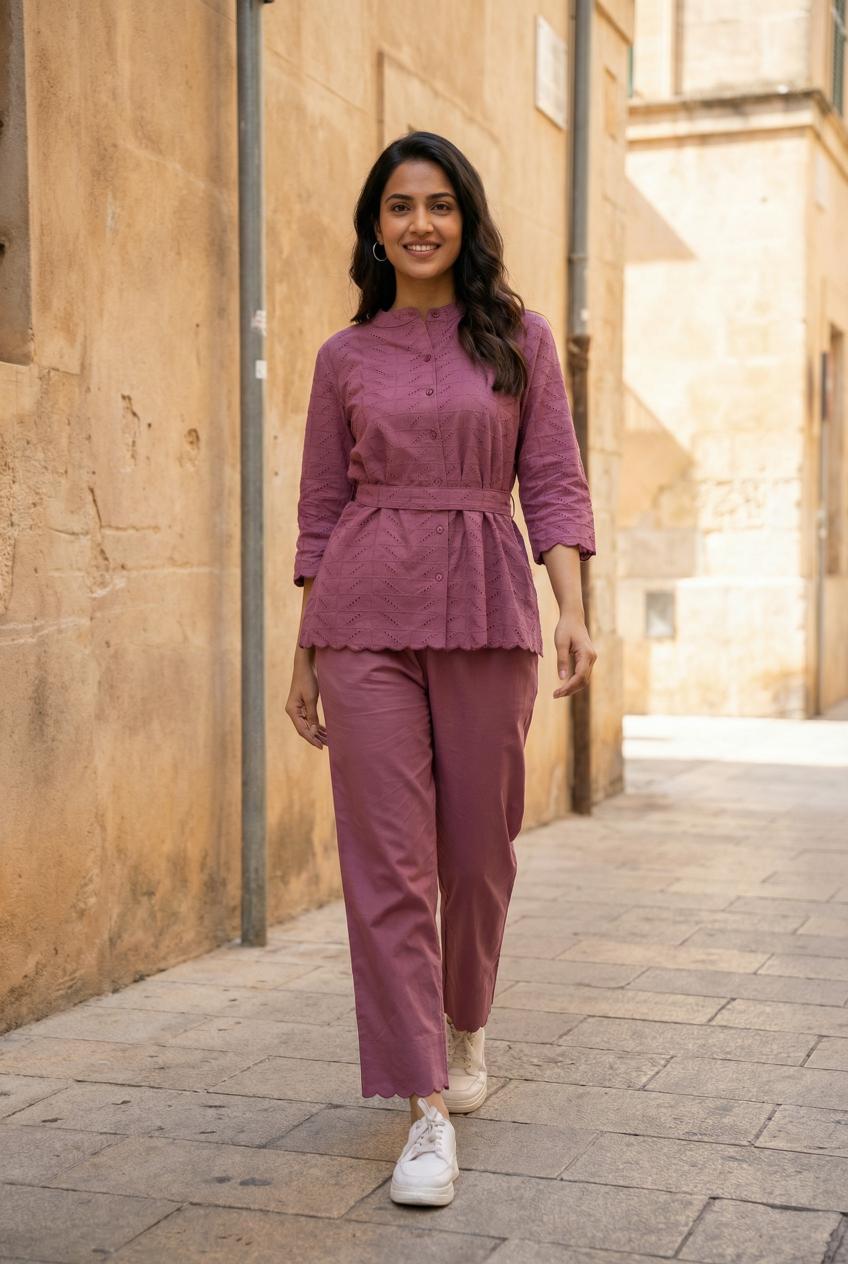 Purple Self Design Round Neck Pure Cotton Top & Trousers Co-Ord Set